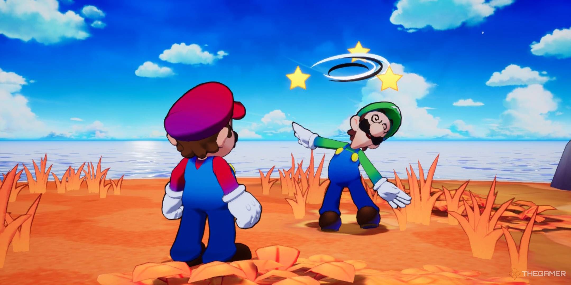 Luigi dizzy after landing in Mario & Luigi Brothership.