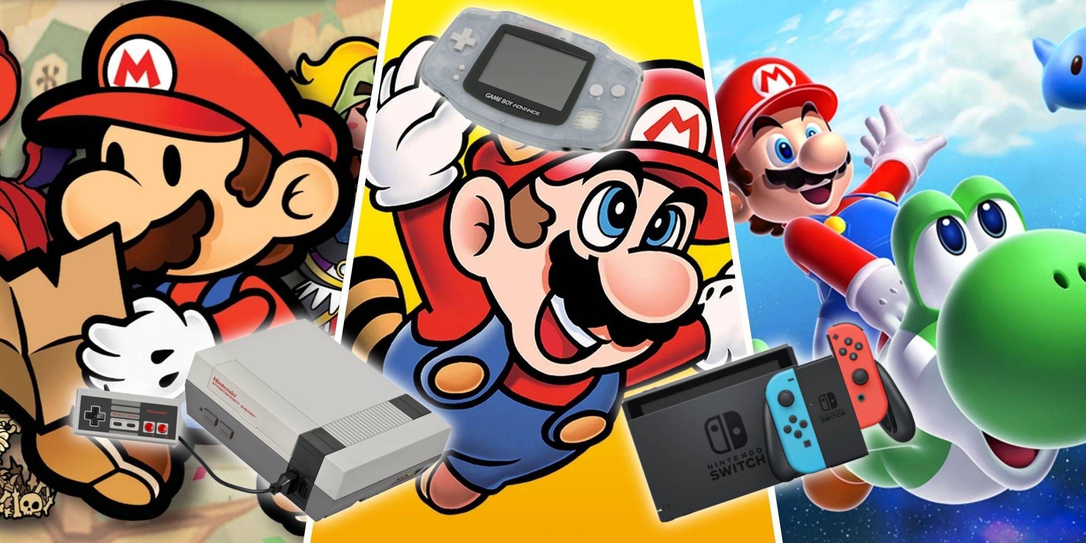 A split image of promo and cover art for Paper Mario The Thousand-Year Door, Super Mario Bros 3, and Super Mario Galaxy 2 with Nintendo consoles over top