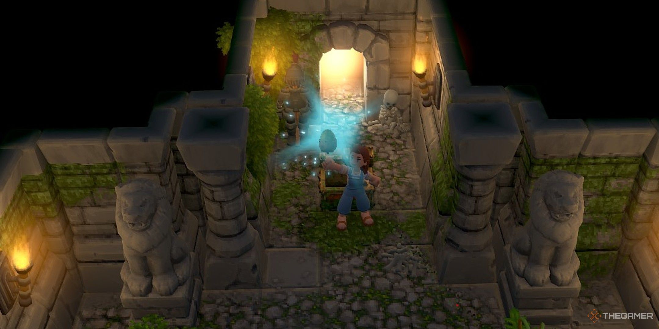 Player character holding a glowing Mysterious Egg in hand in the Ancient Farm Temple in Luma Island.