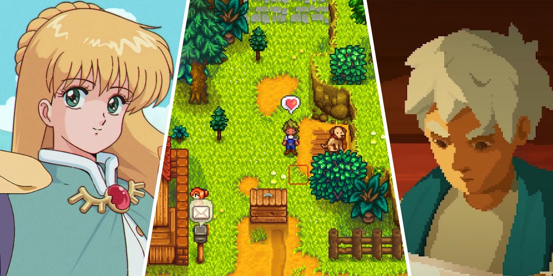 Split image featuring Celine from Fields of Mistria, the farmer from Stardew Valley, and Will from Moonlighter.