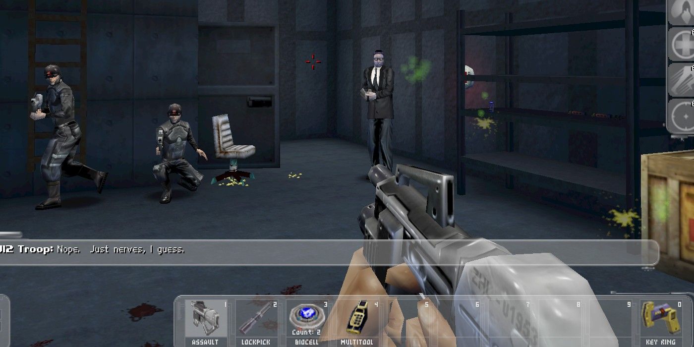 The player aiming their weapon at troops and a business man.