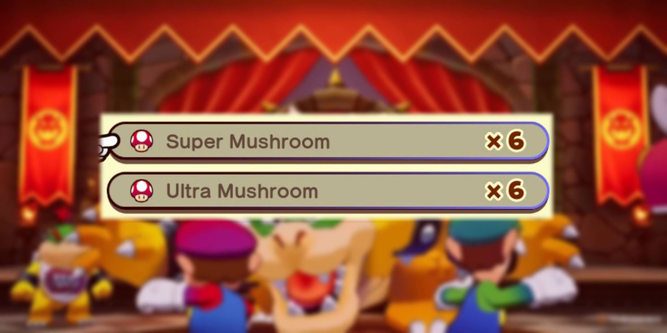 Blurred Mario & Luigi Brothership background with Super Mushroom icons.