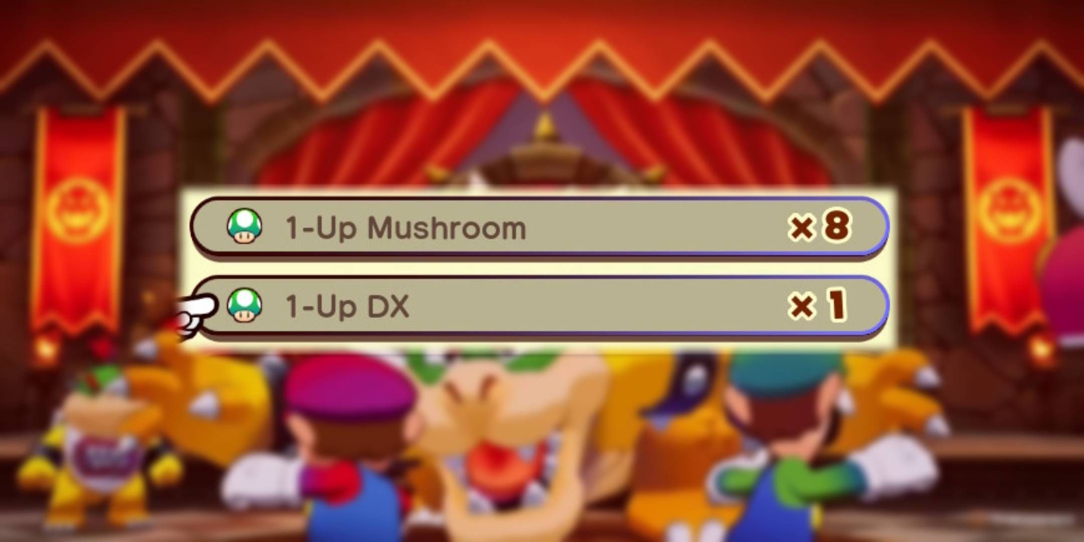 Blurred Mario & Luigi Brothership background with 1-Up Mushroom icons.