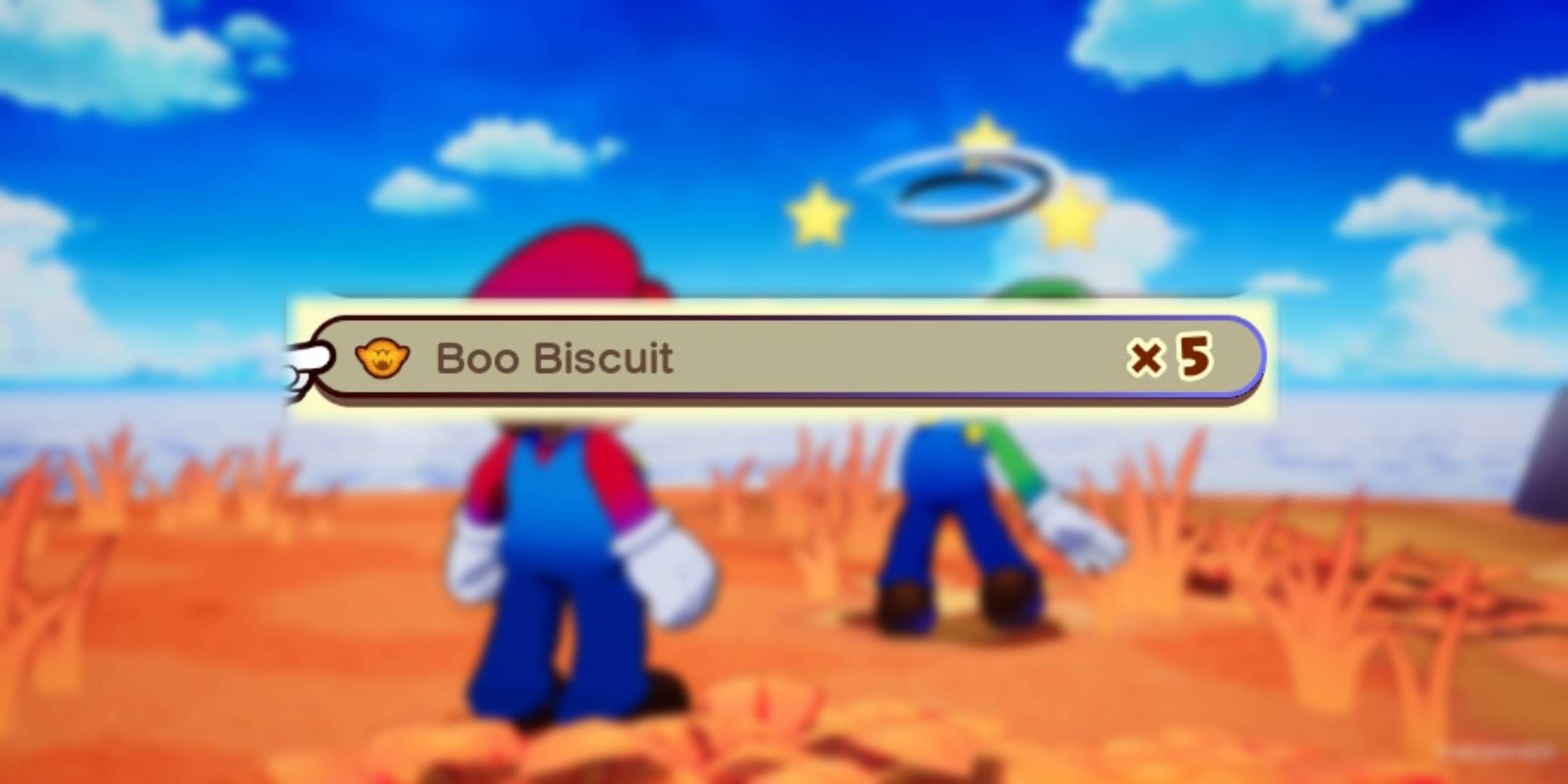 Blurred Mario & Luigi Brothership background with Boo Biscuit icon.