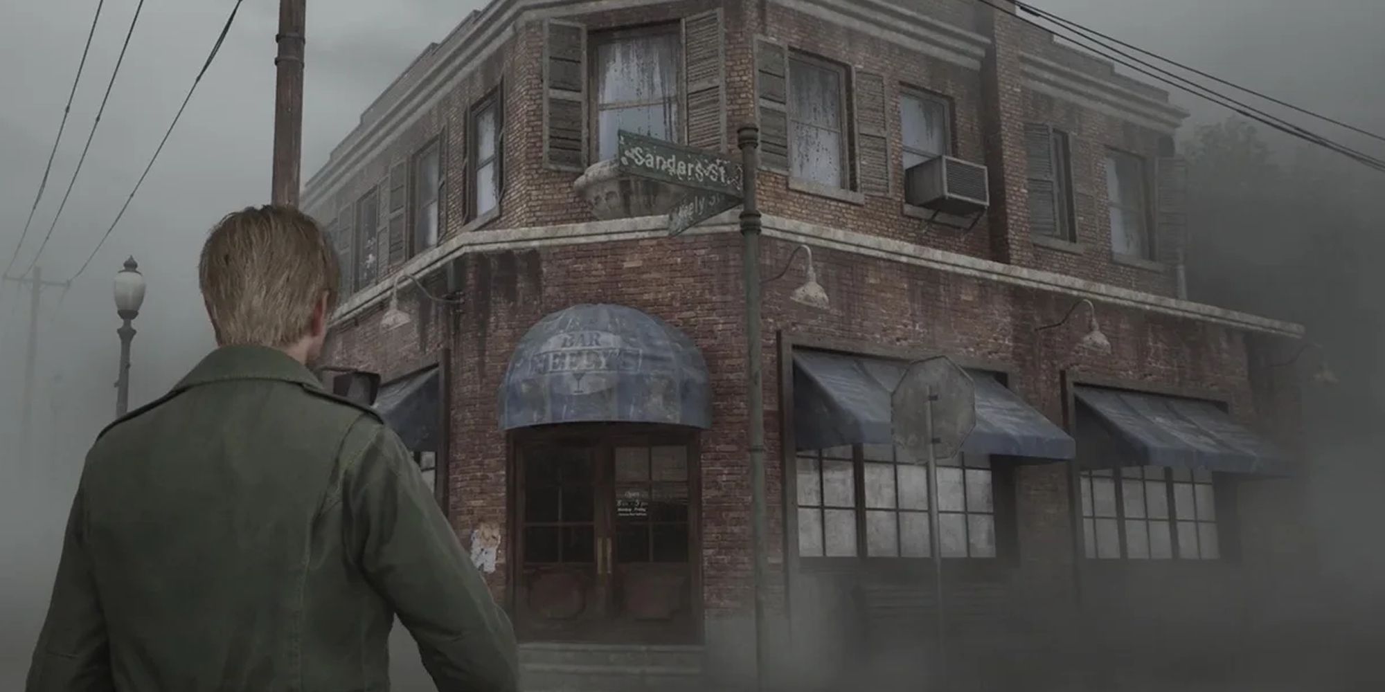 James standing outside Neely's Bar in Silent Hill 2.