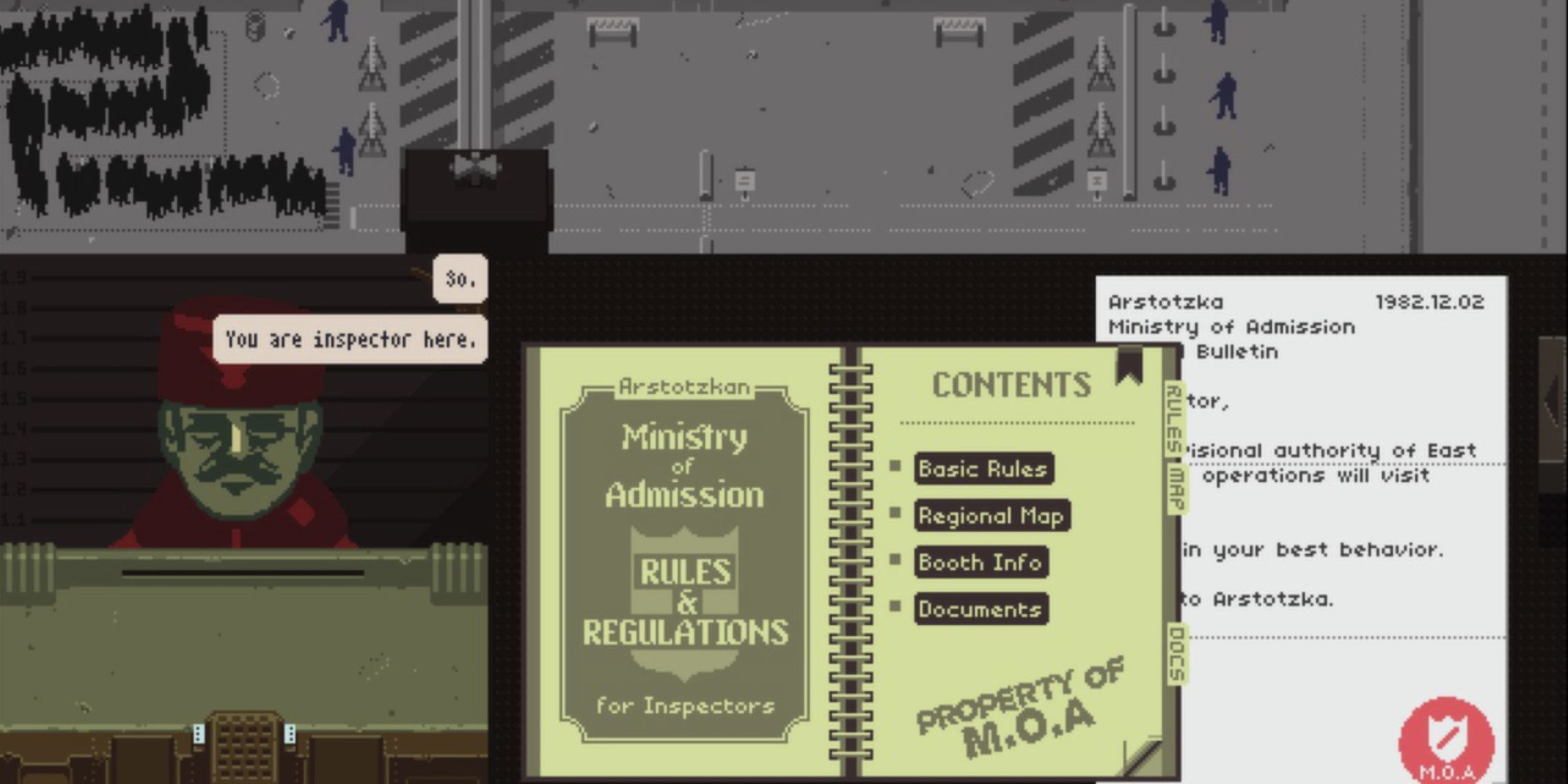 Papers Please Gameplay showing a character, notebook, and paper.