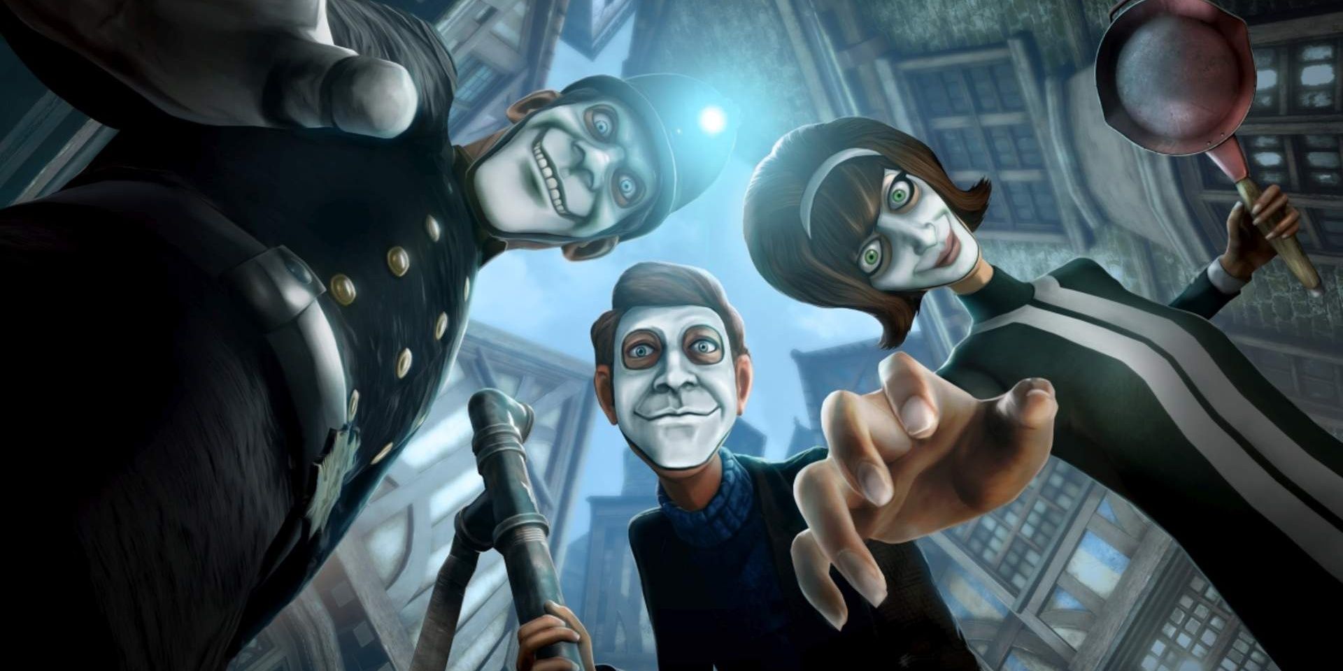  Three people wearing "Joy" masks of forced smiles stare directly at the camera in We Happy Few.