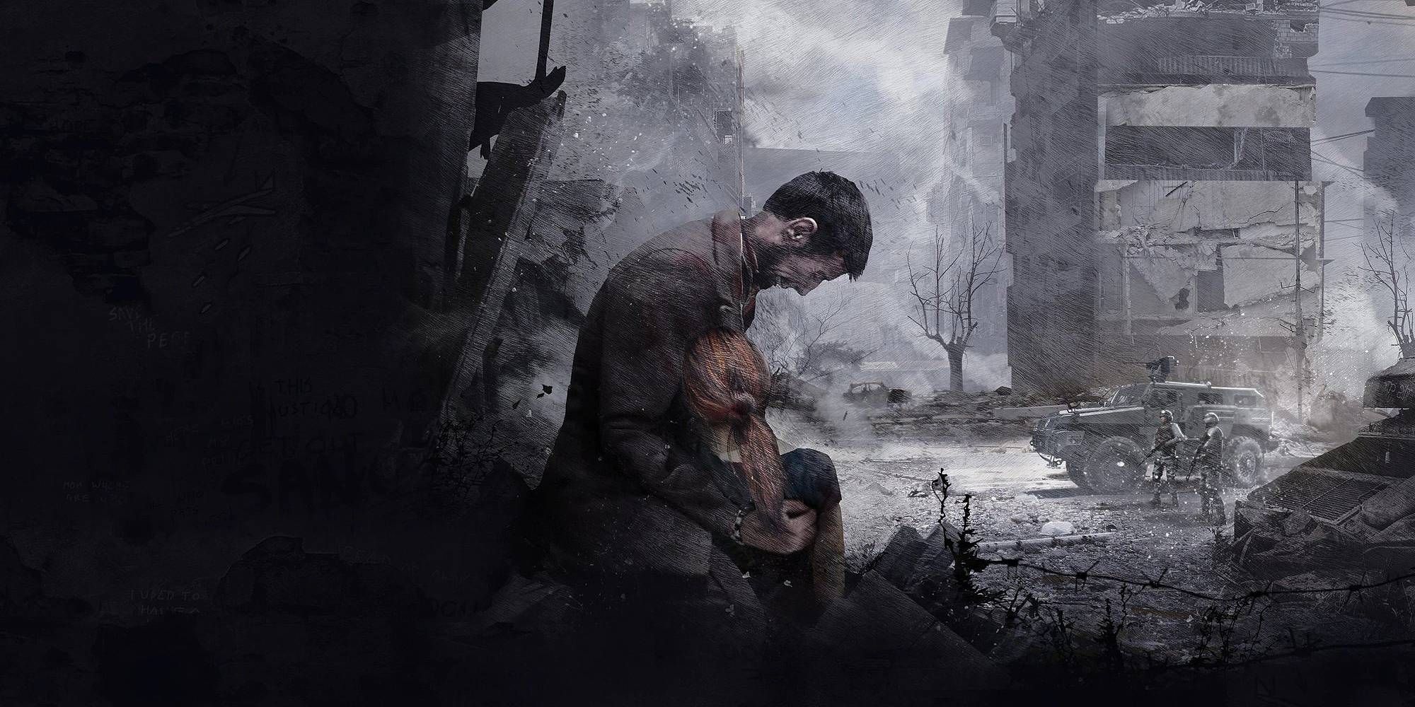 A man mourns a woman in his arms amidst a war zone in This War of Mine: Final Cut art.