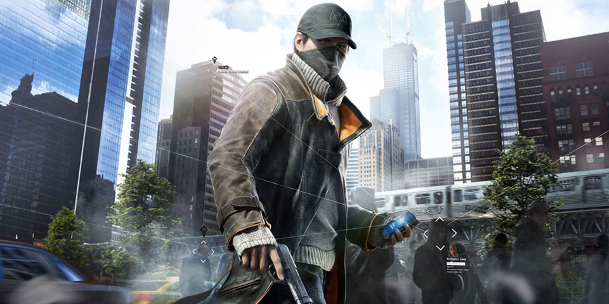 Image from Watch Dogs, featuring Aiden Pearce holding a gun in one hand and his phone in the other.