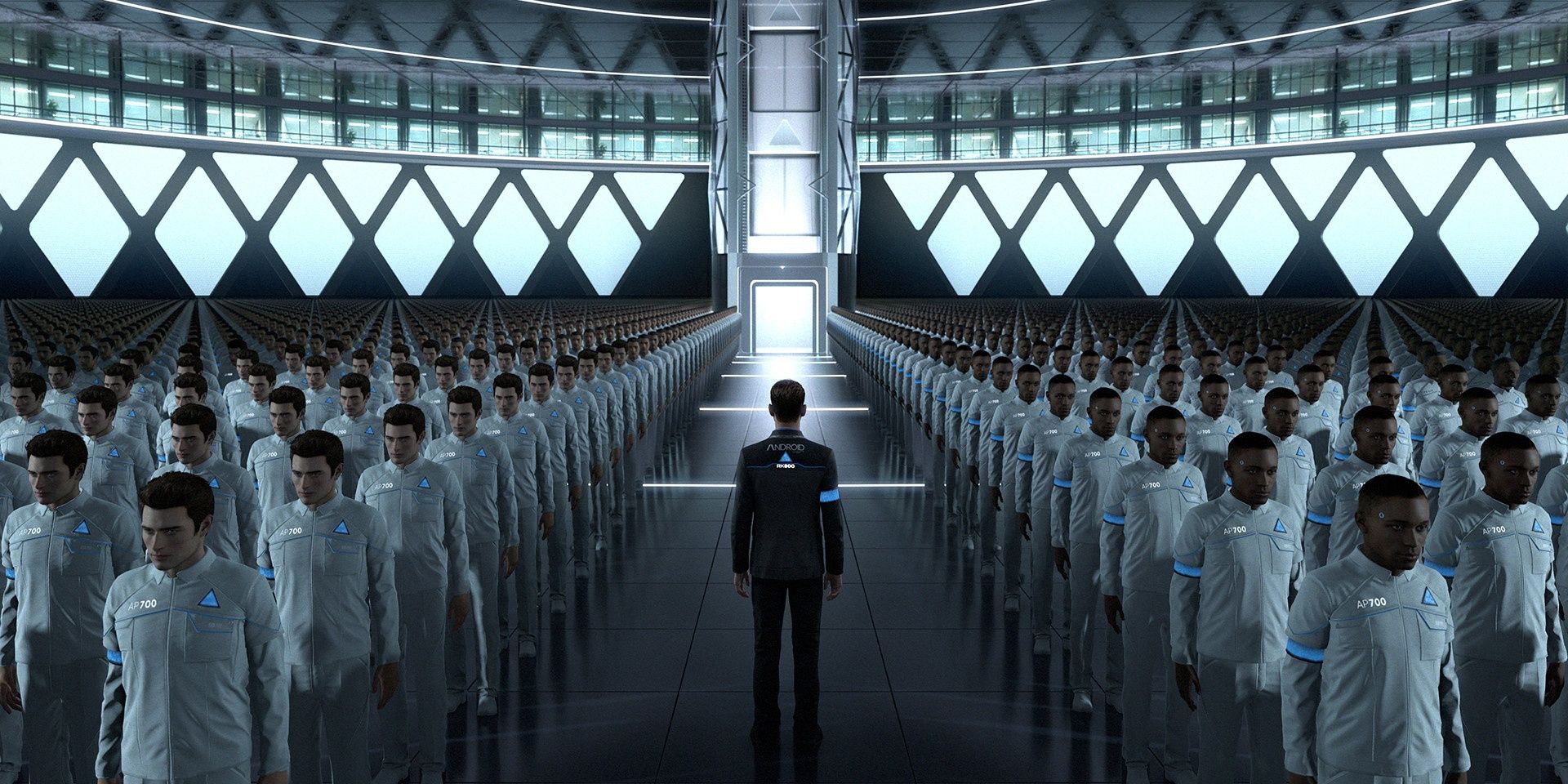 Connor standing in the middle of a facility that has rows of other androids in Detroit: Become Human.