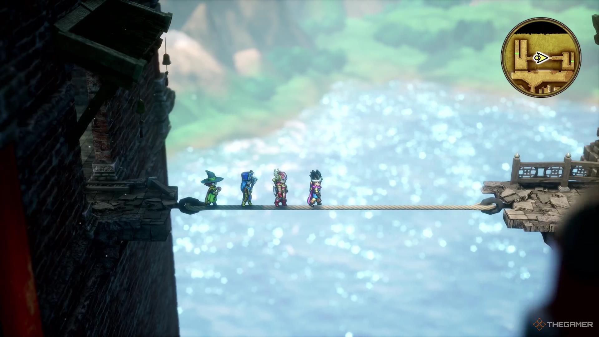 The party walks over a rope under Holy Protection in Dragon Quest 3 Remake, a lake as the backdrop in the distance.