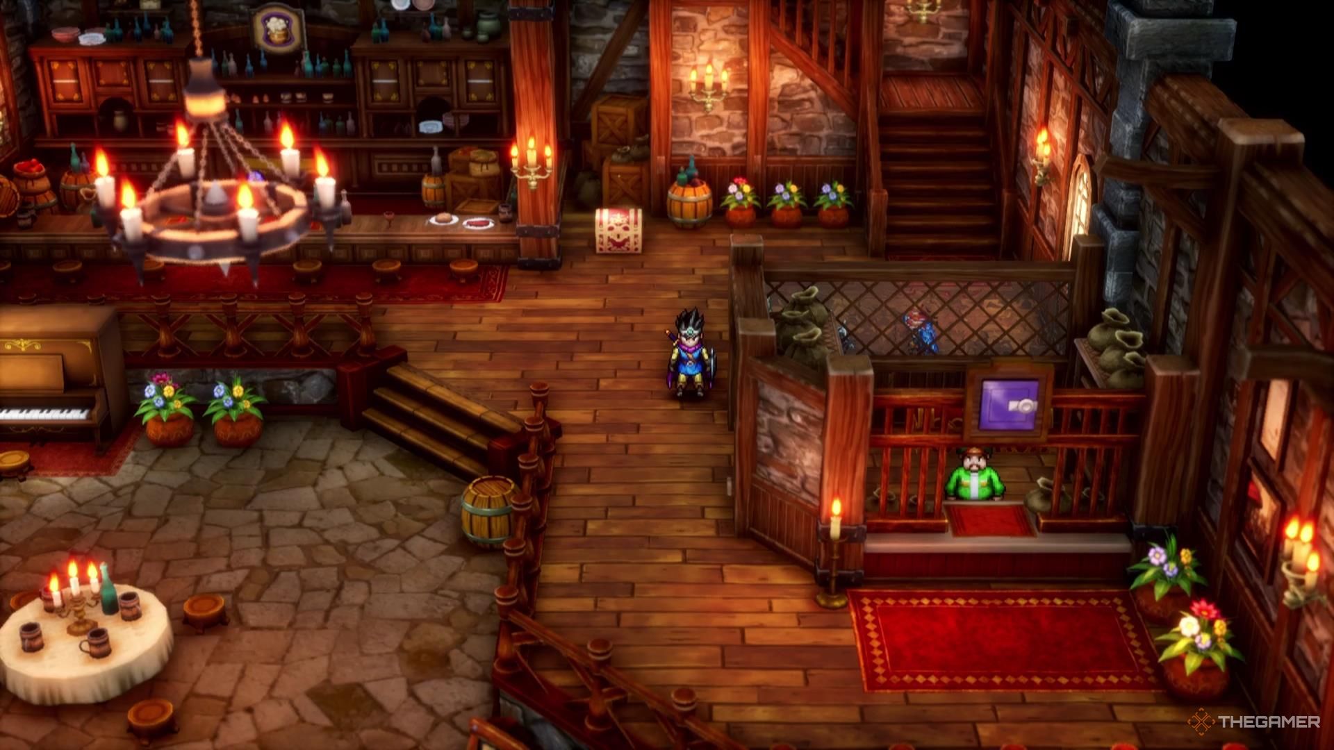 The Hero stands in the Aliahan Pub in Dragon Quest 3 Remake.