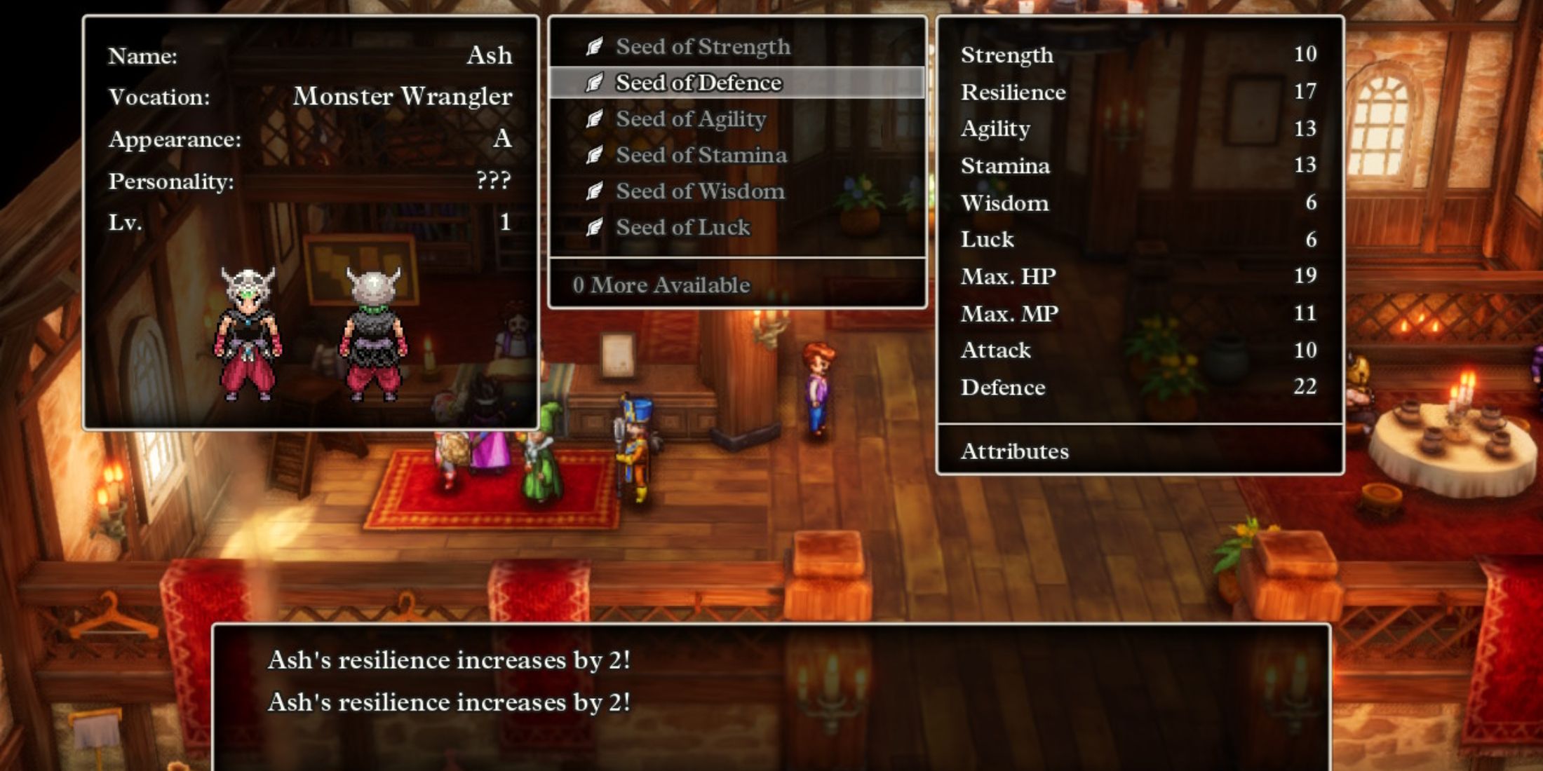 Character stats screen, highlighting Dragon Quest's classic RPG mechanics with modern visuals