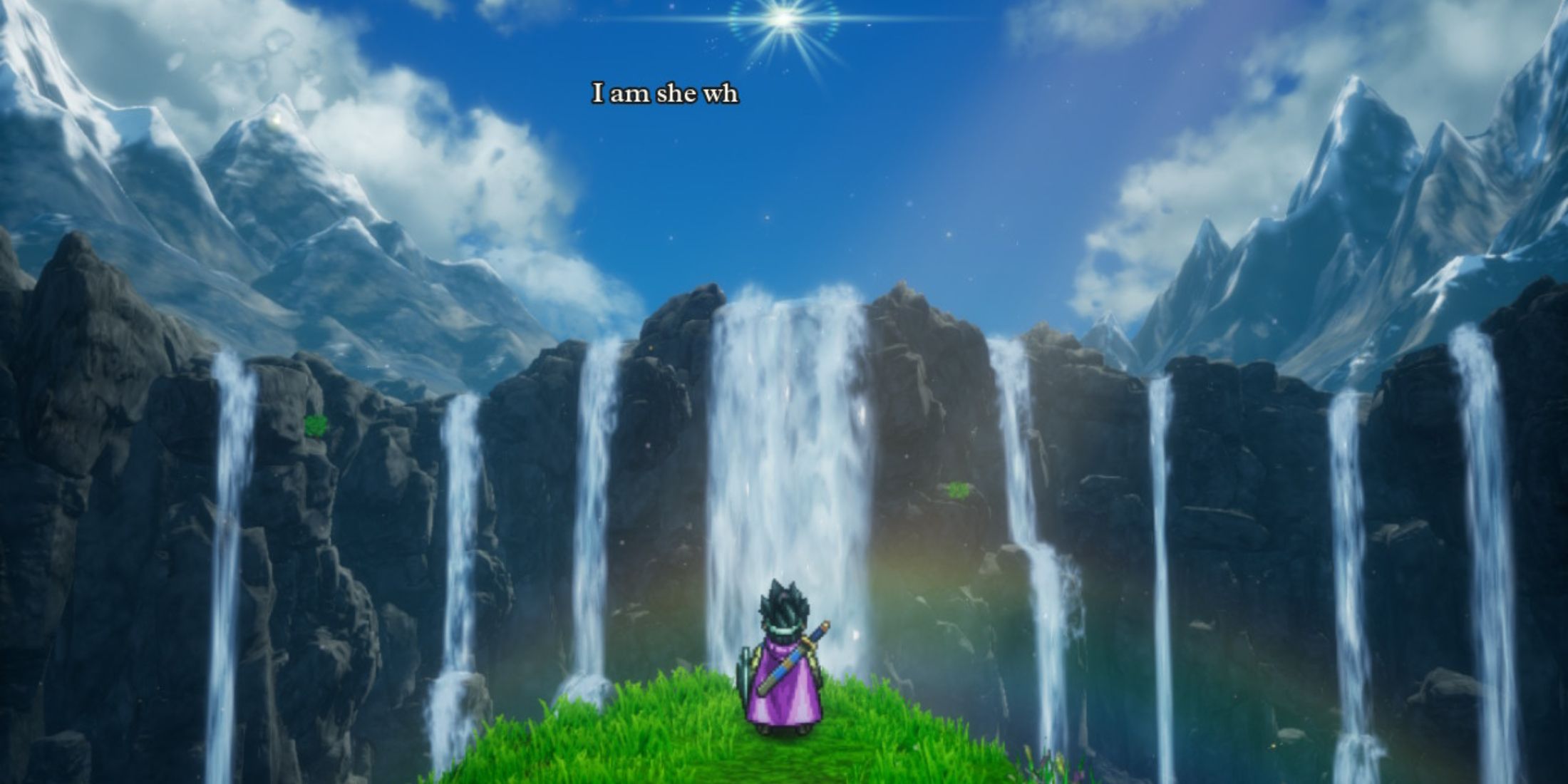 Scenic mountaintop with waterfalls, capturing the magical essence of Dragon Quest’s journey