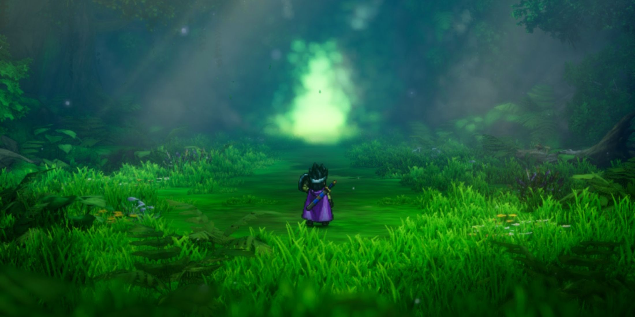 Hero in a mysterious forest, showcasing Dragon Quest's classic exploration vibe in HD-2D