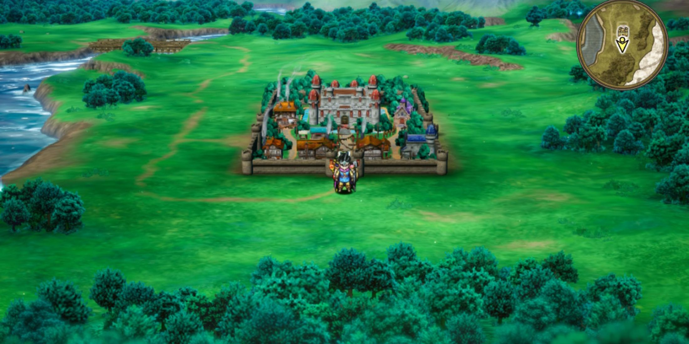 Overworld view of a fortified town, keeping Dragon Quest's traditional exploration style