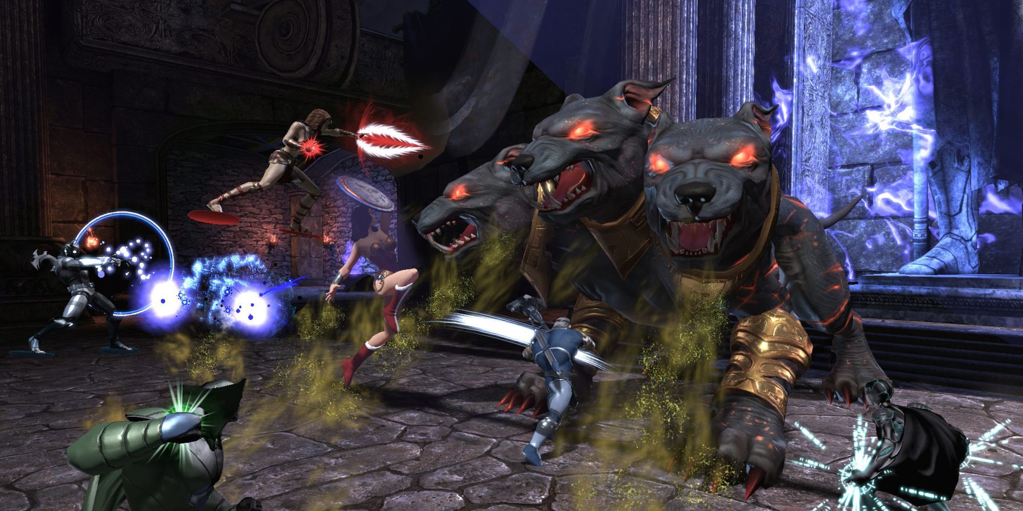 DC Universe Online Players Fighting Cerberus Raid boss With Wonder Woman.