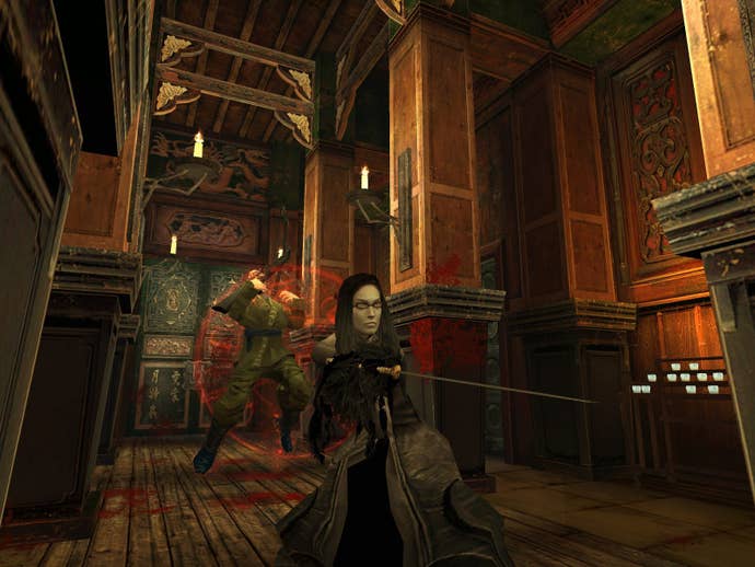 A female vampire slashes her way through the corridors of an ornate building, using blood magic to suspend enemies in mid-air.