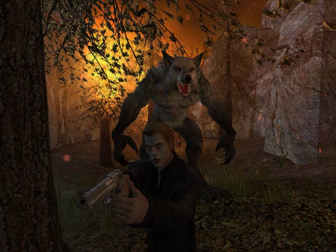 A playable vampire aims a gun while a huge werewolf seemingly sneaks up on him from amid a flaming forest.