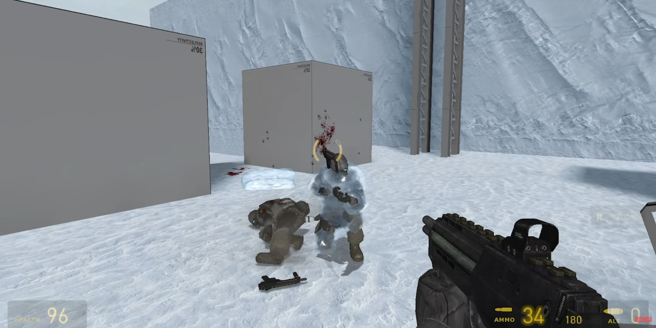 Gameplay footage from the cancelled Half Life 2 Episode 3 DLC, showing a player using an ice gun against enemies