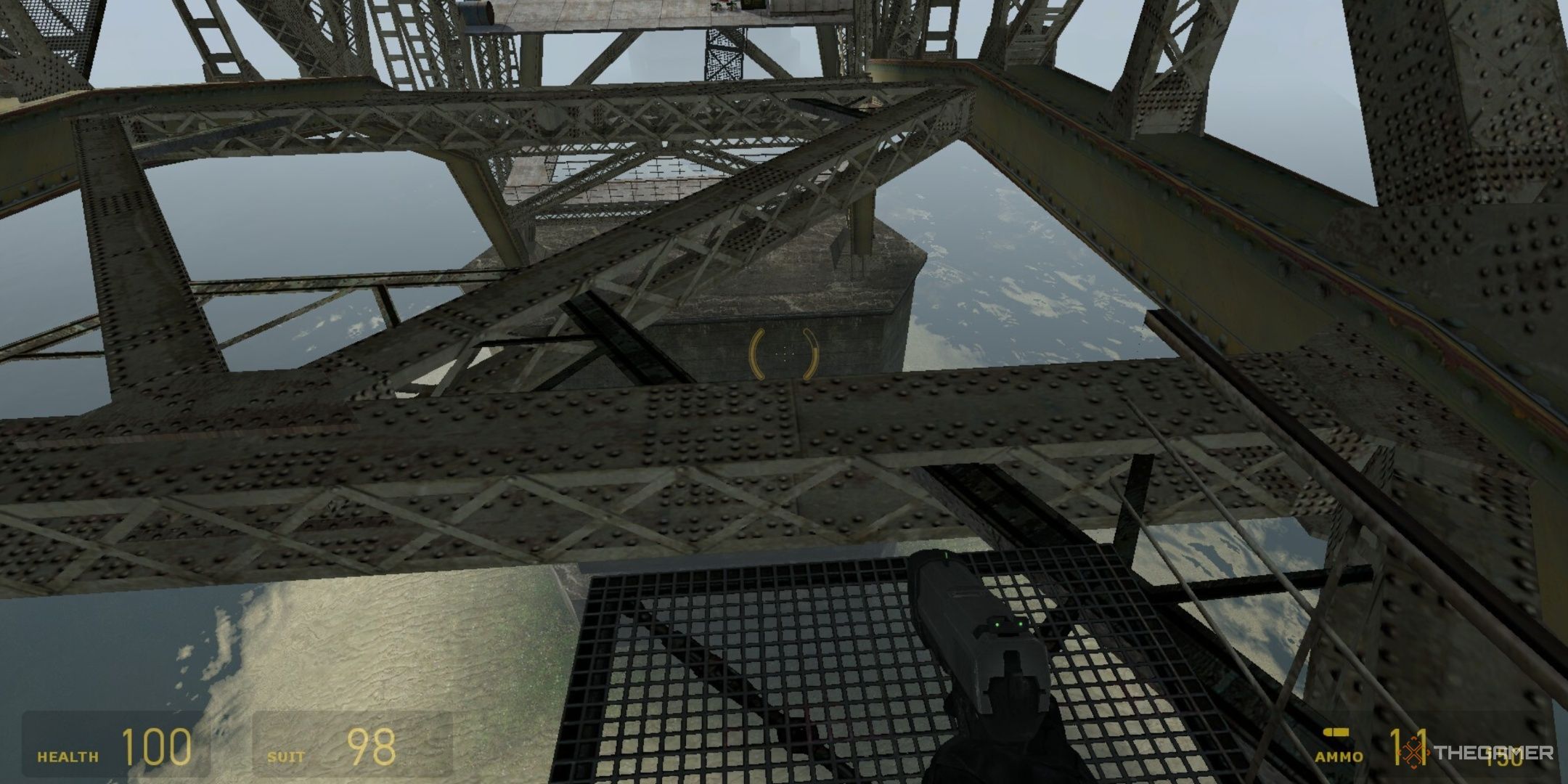 Gordon looking down from the Highway 17 bridge in Half-Life 2.