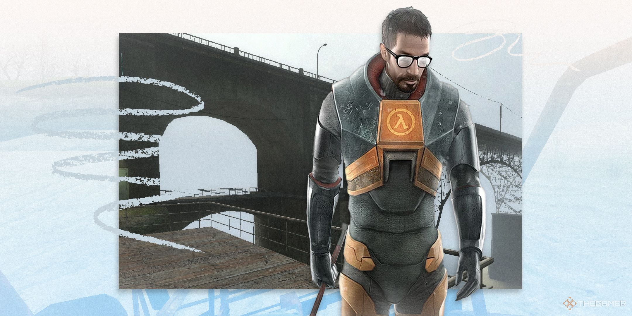 Gordon Freeman carrying his crowbar with the bridge from Half-Life 2 in the background.