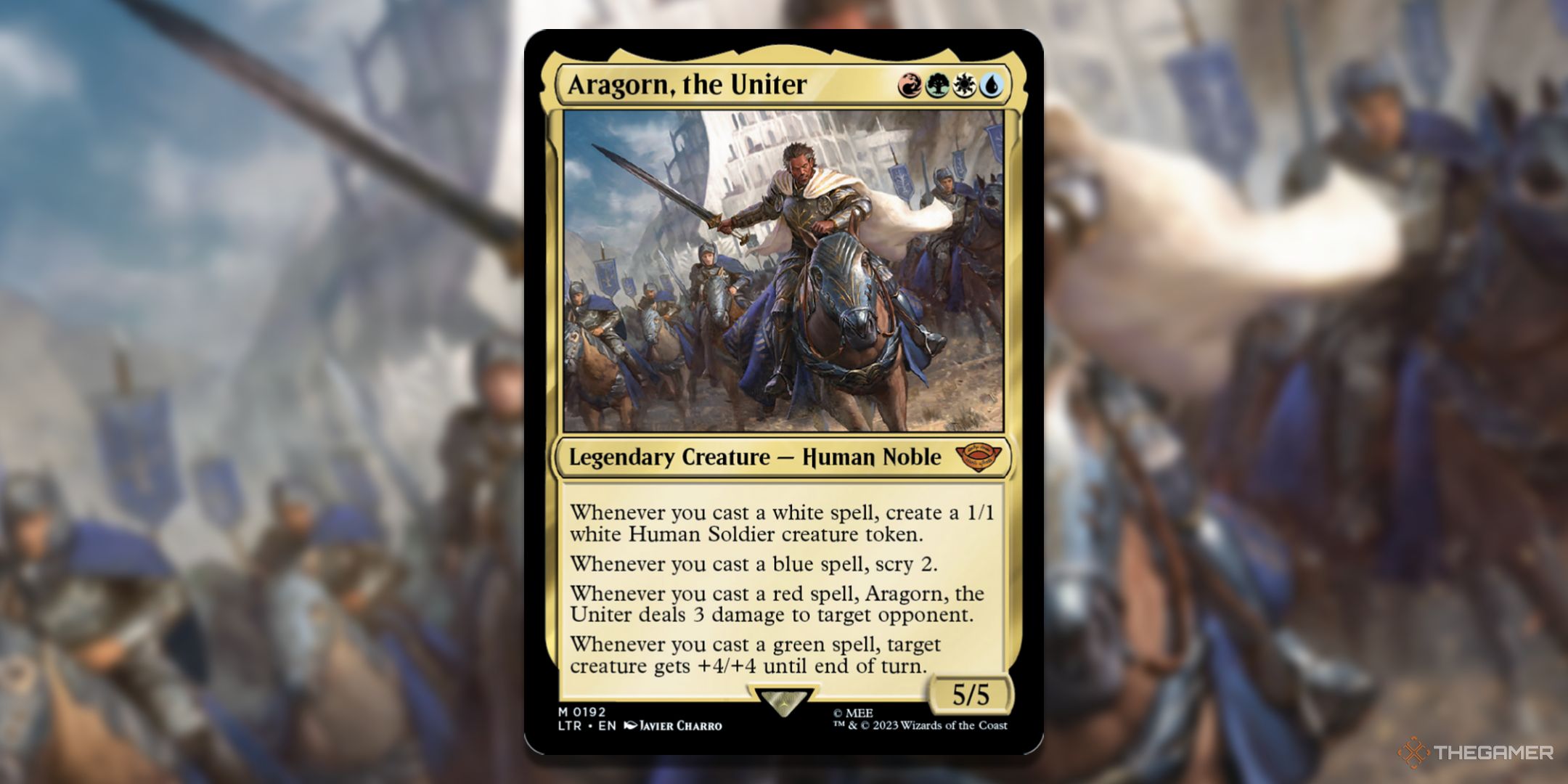 MTG Aragorn, the Uniter card with the art in the background.