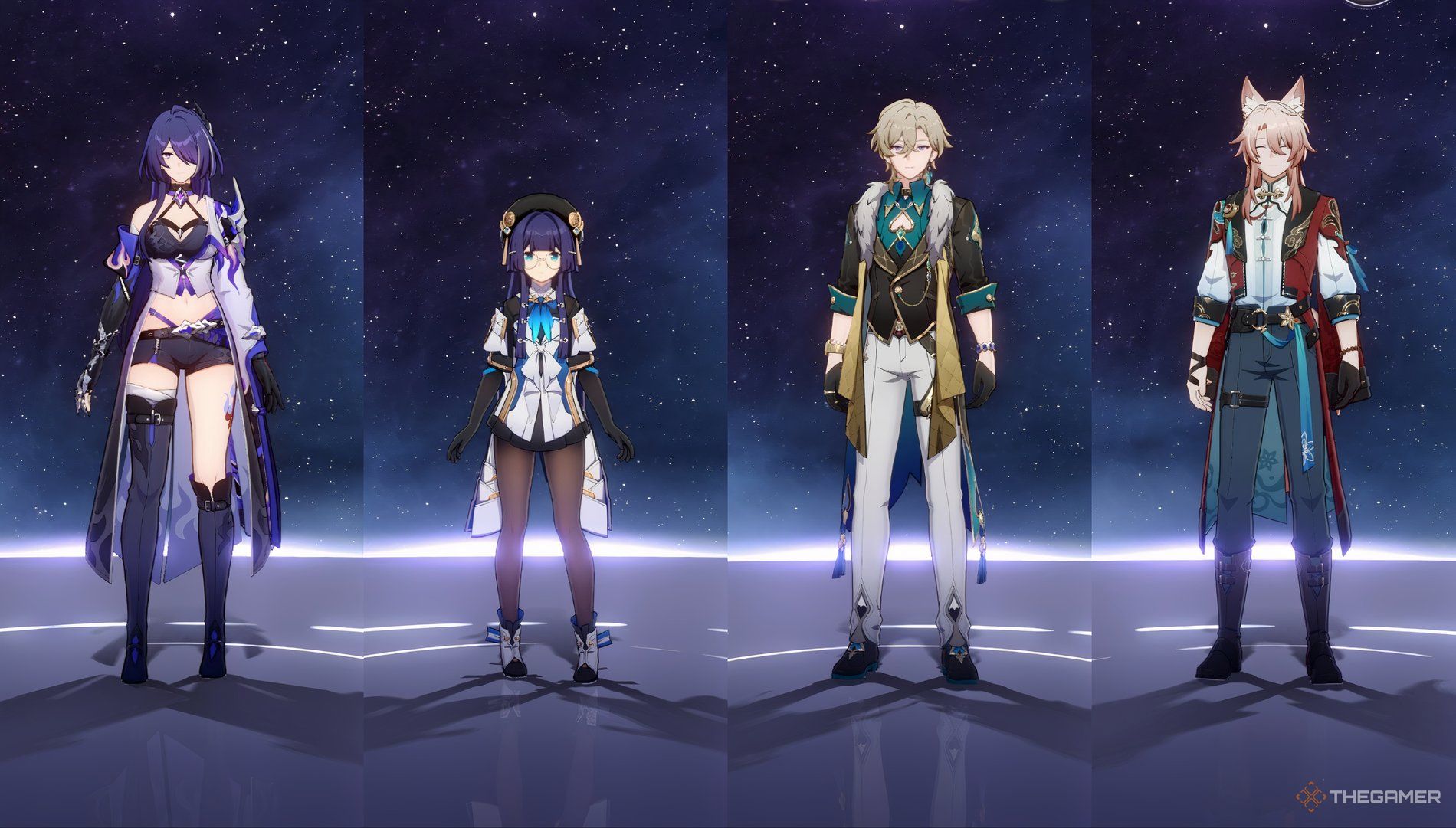 Acheron, Pela, Aventurine, and Jiaoqiu in order from left to right in Honkai Star Rail.