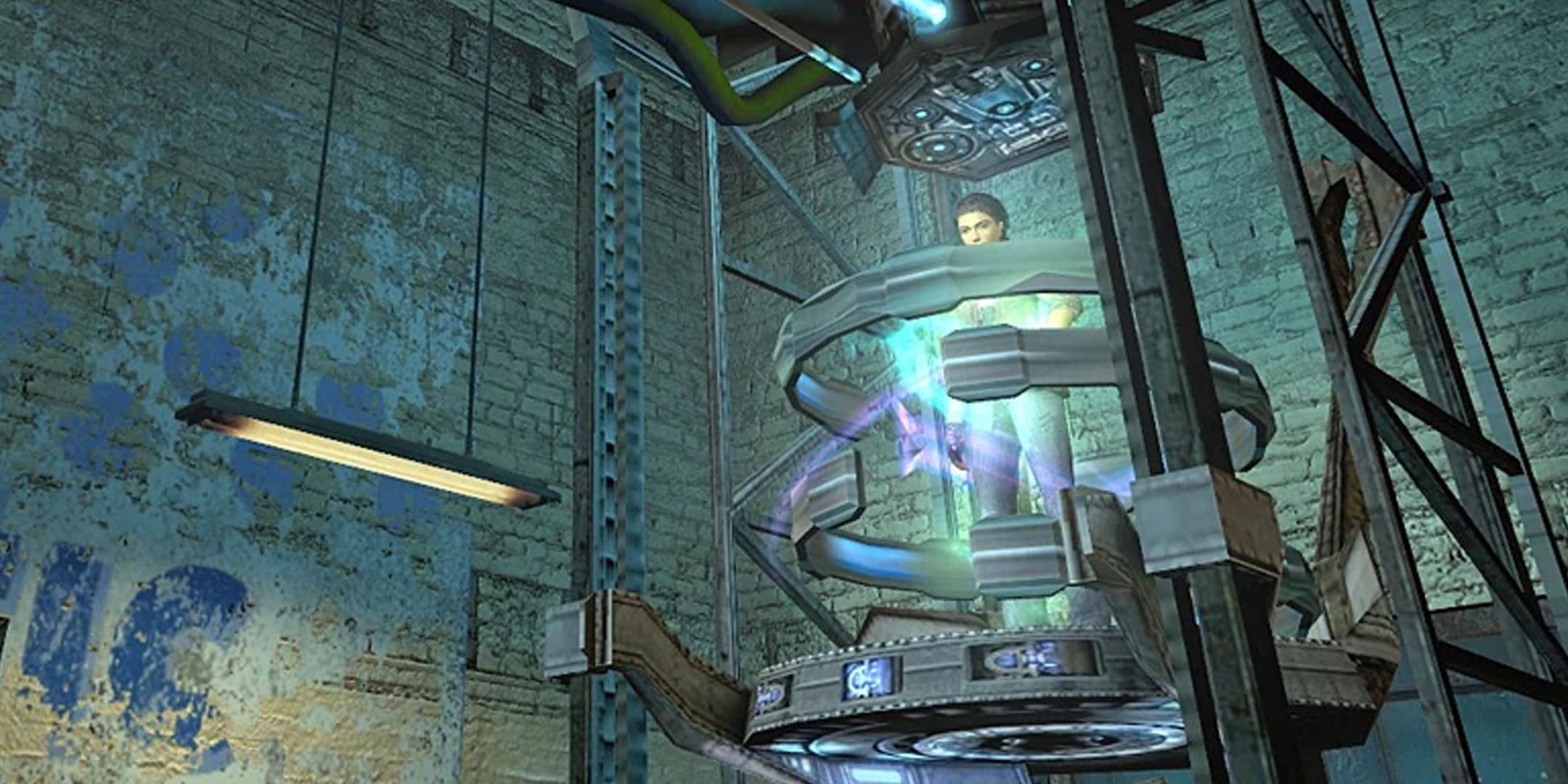 Half-Life 2 Alyx in Kleiner's lab, being teleported in blue swirling lights.