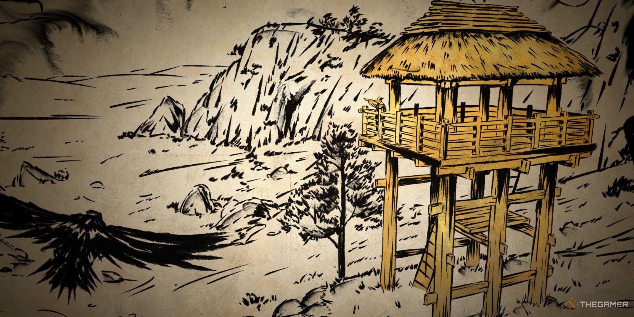 Watchtower construction cutscene in Sengoku Dynasty.