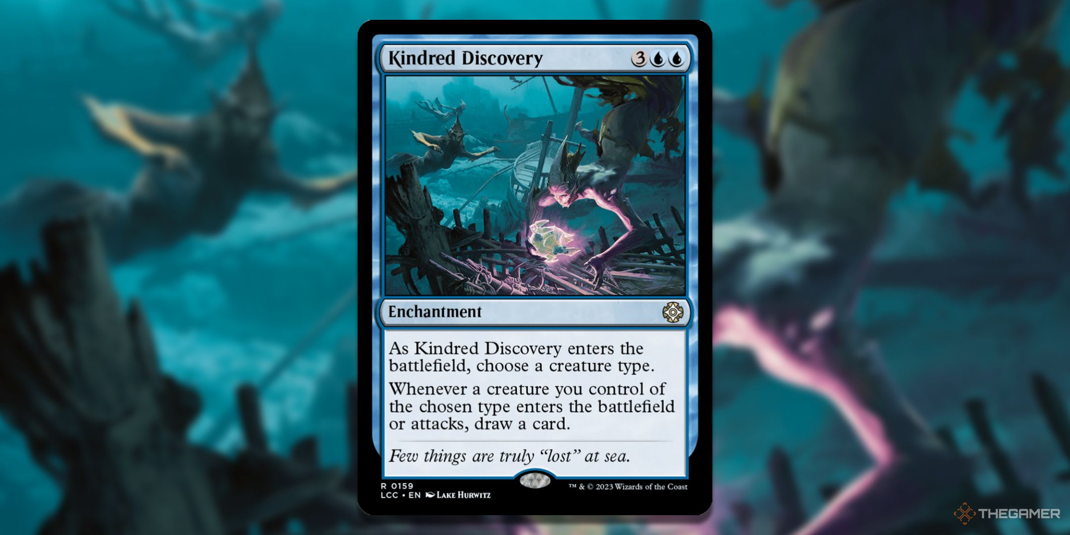 MTG Kindred Discovery card with the art in the background.