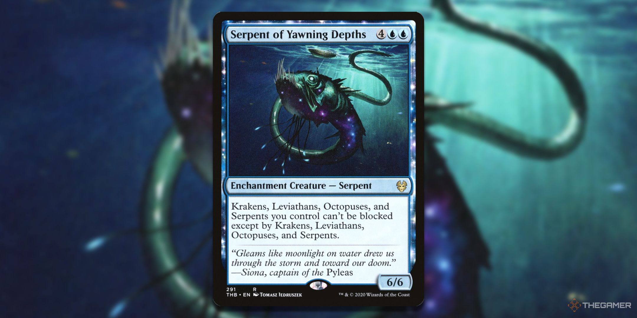 MTG Serpent of Yawning Depths card with the art in the background.