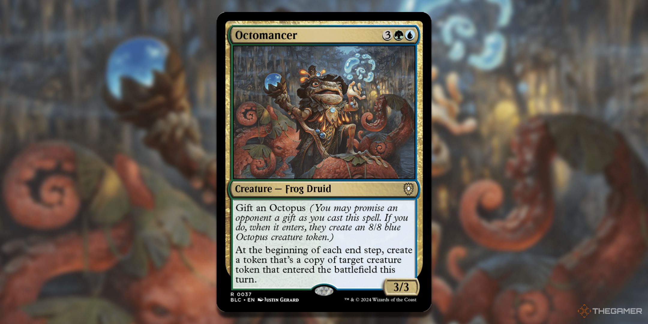 MTG Octomancer card with the art in the background.