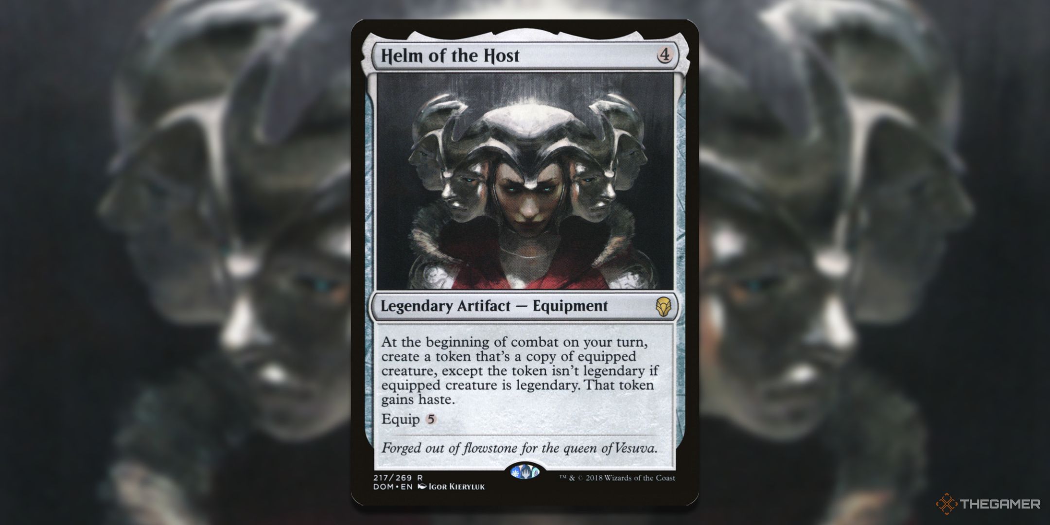 MTG Helm of the Host card with the art in the background.