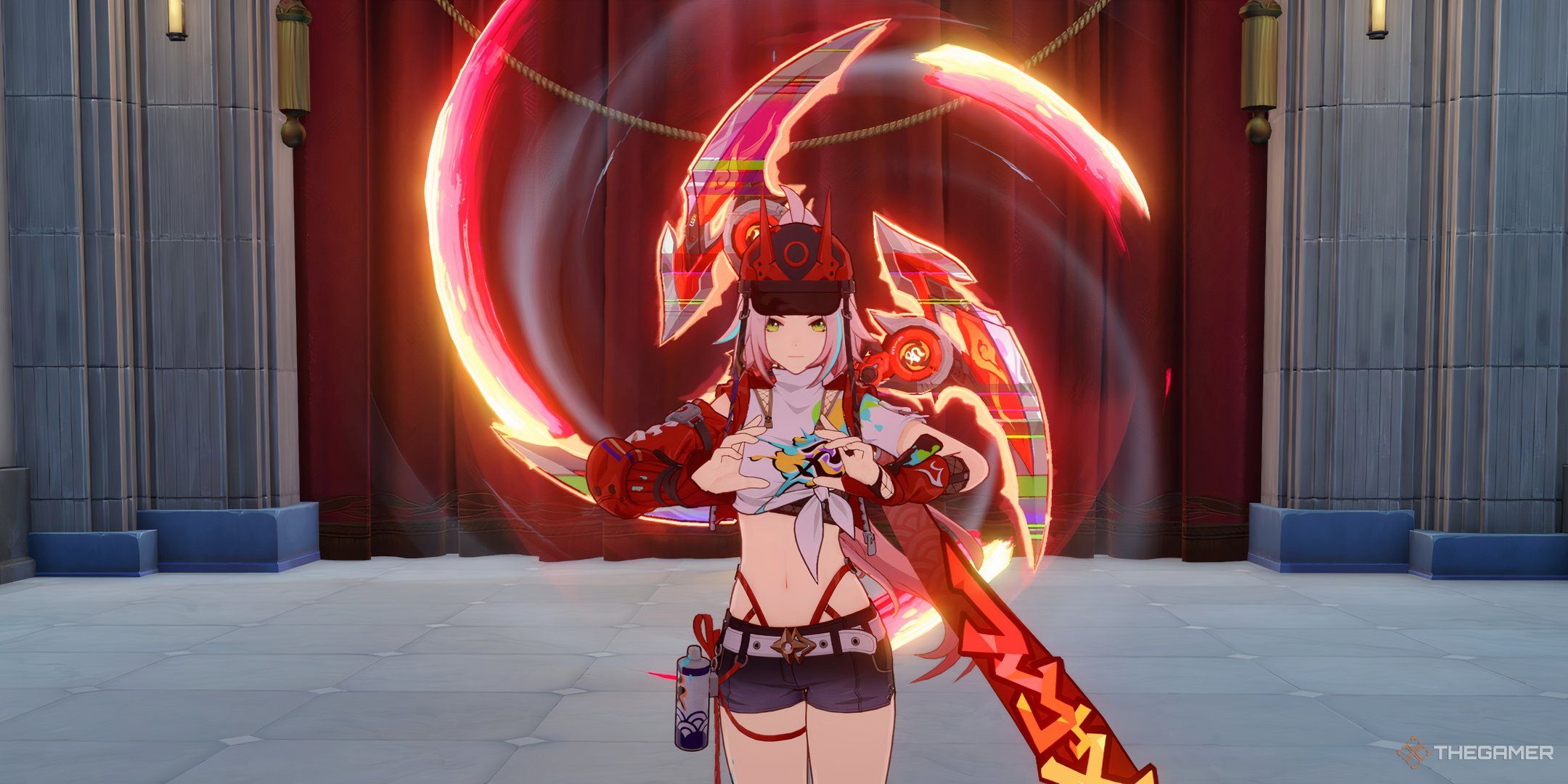 Honkai Star Rail Rappa idle animation with her ninja star behind her.