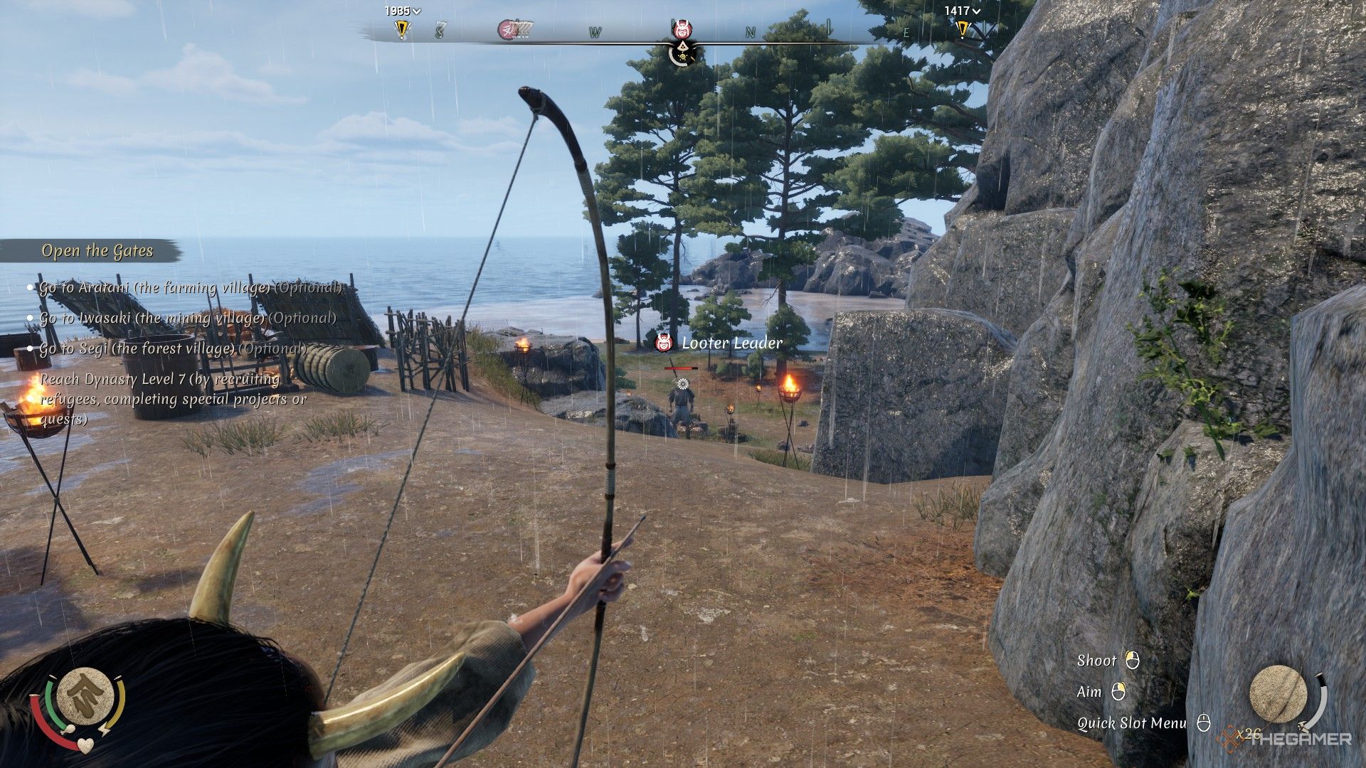 the player uses a shortbow to shoot the looter leader in sengoku dynasty.