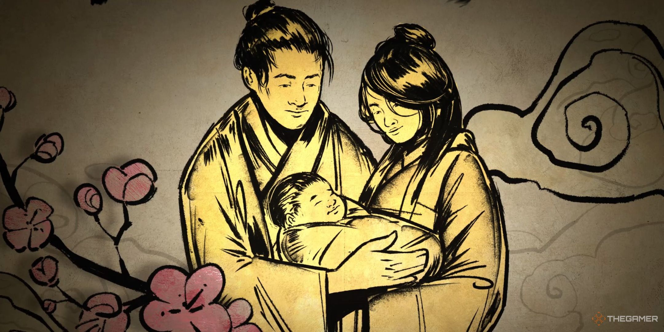 the player character and their spouse hold a newborn child in the birth cutscene in sengoku dynasty.