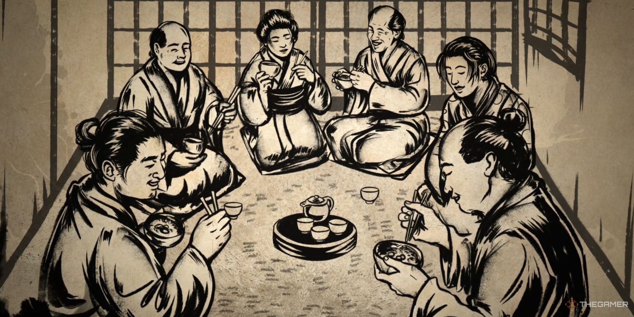 six villagers share a meal in an ink painting cutscene in sengoku dynasty.