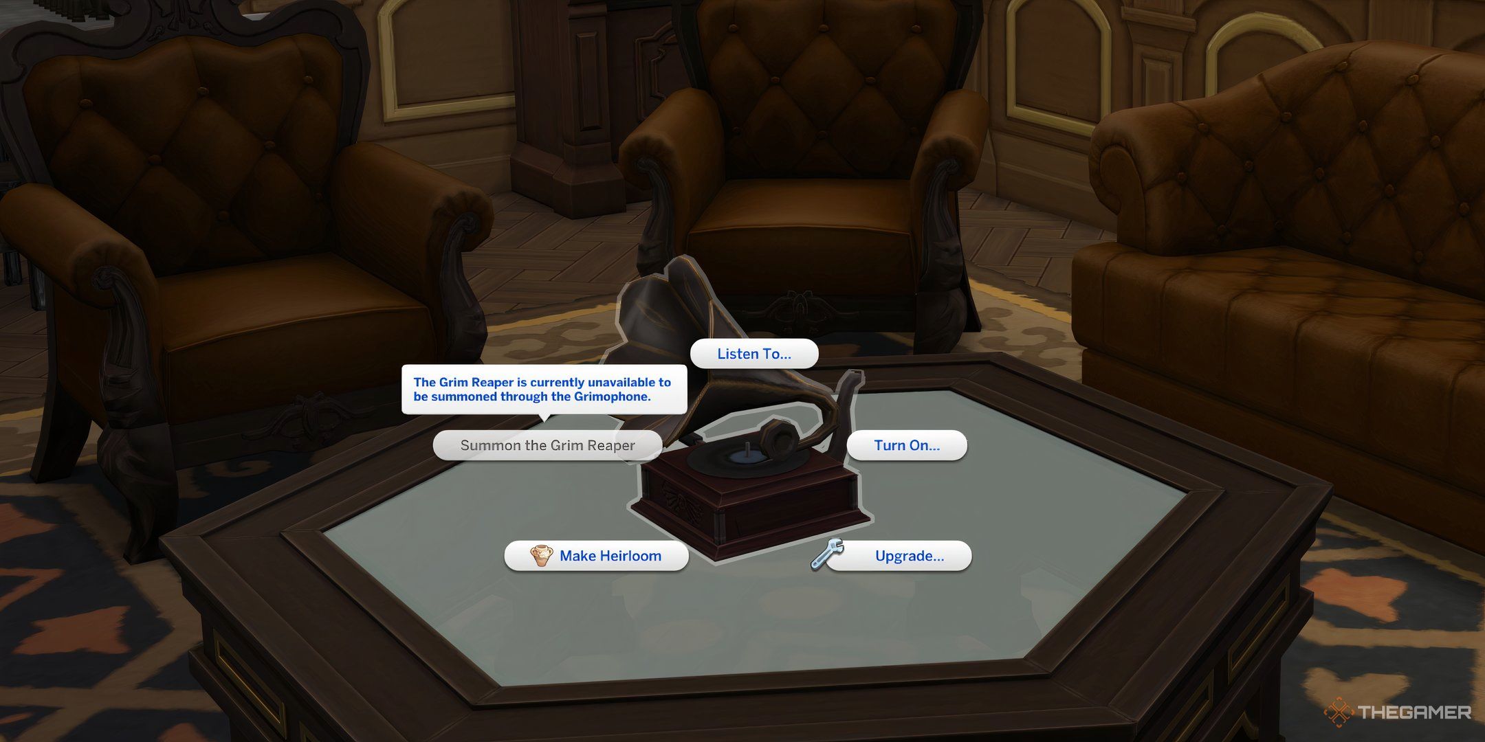 The Sims 4 grimphone on a table with options menu open.