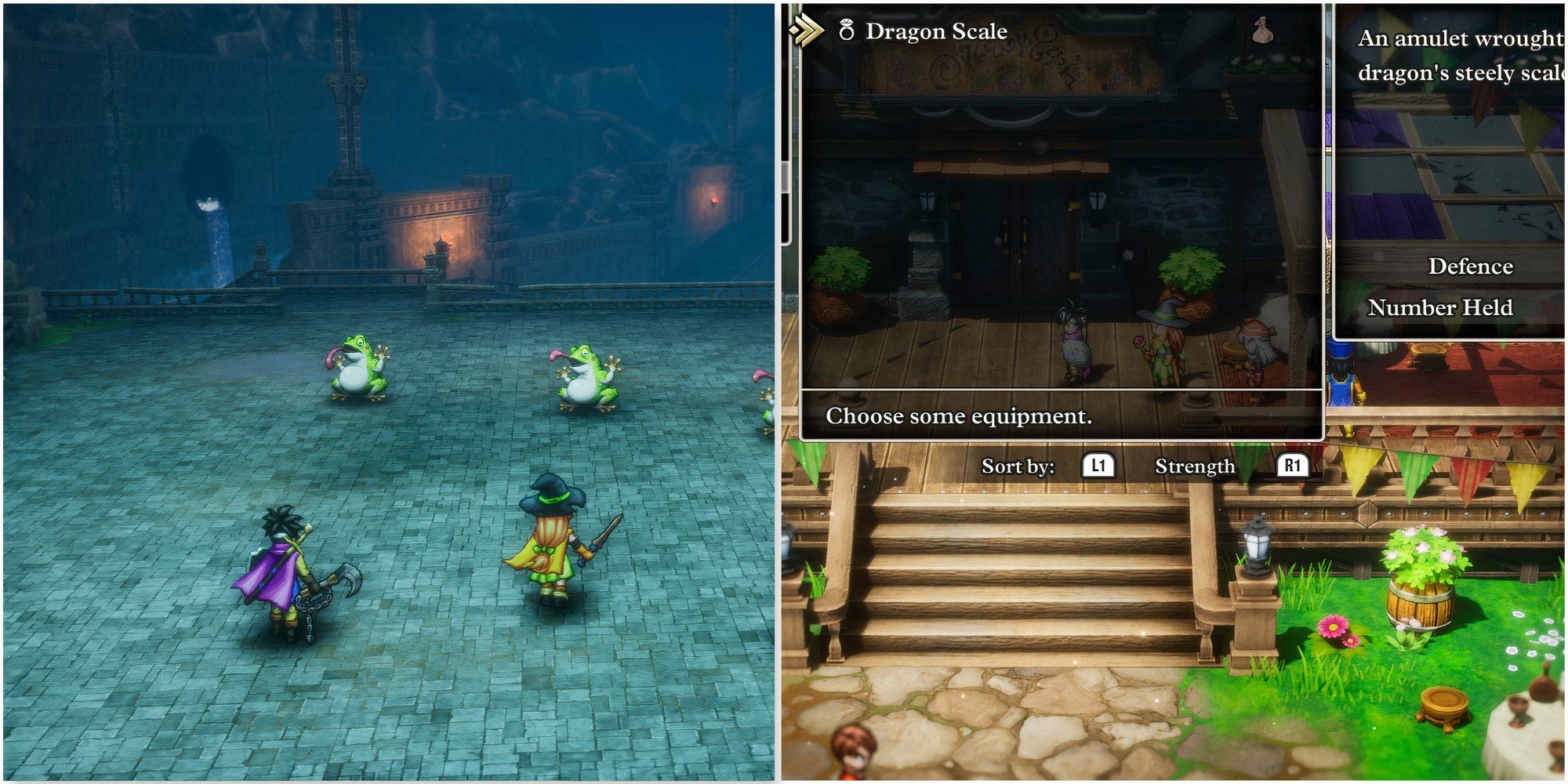 Fighting a battle and Dragon Scale accessory in Dragon Quest 3 HD-2D Remake