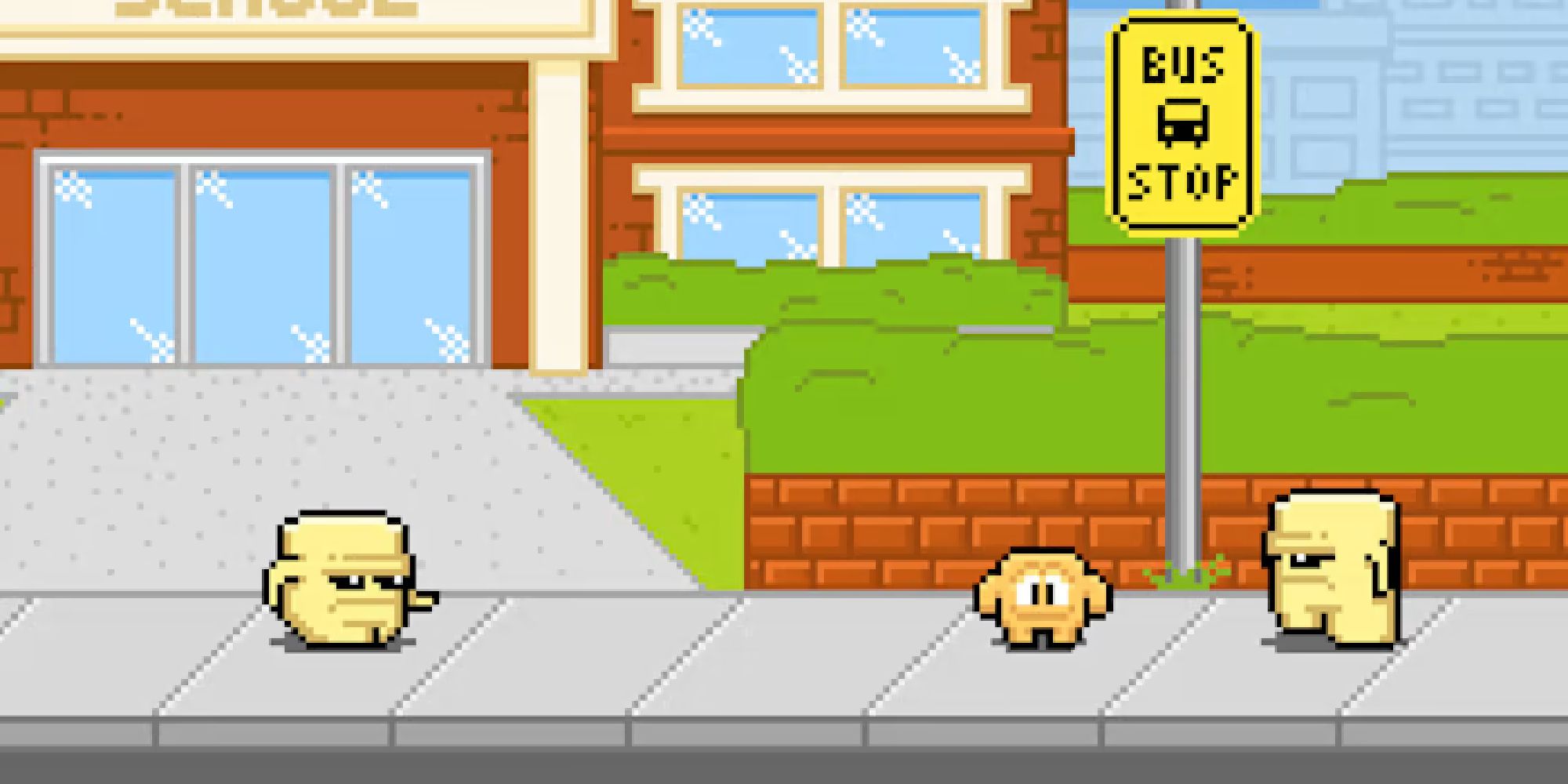 Squareboy Vs Bullies Arena Edition gameplay showing characters at a bus stop. 