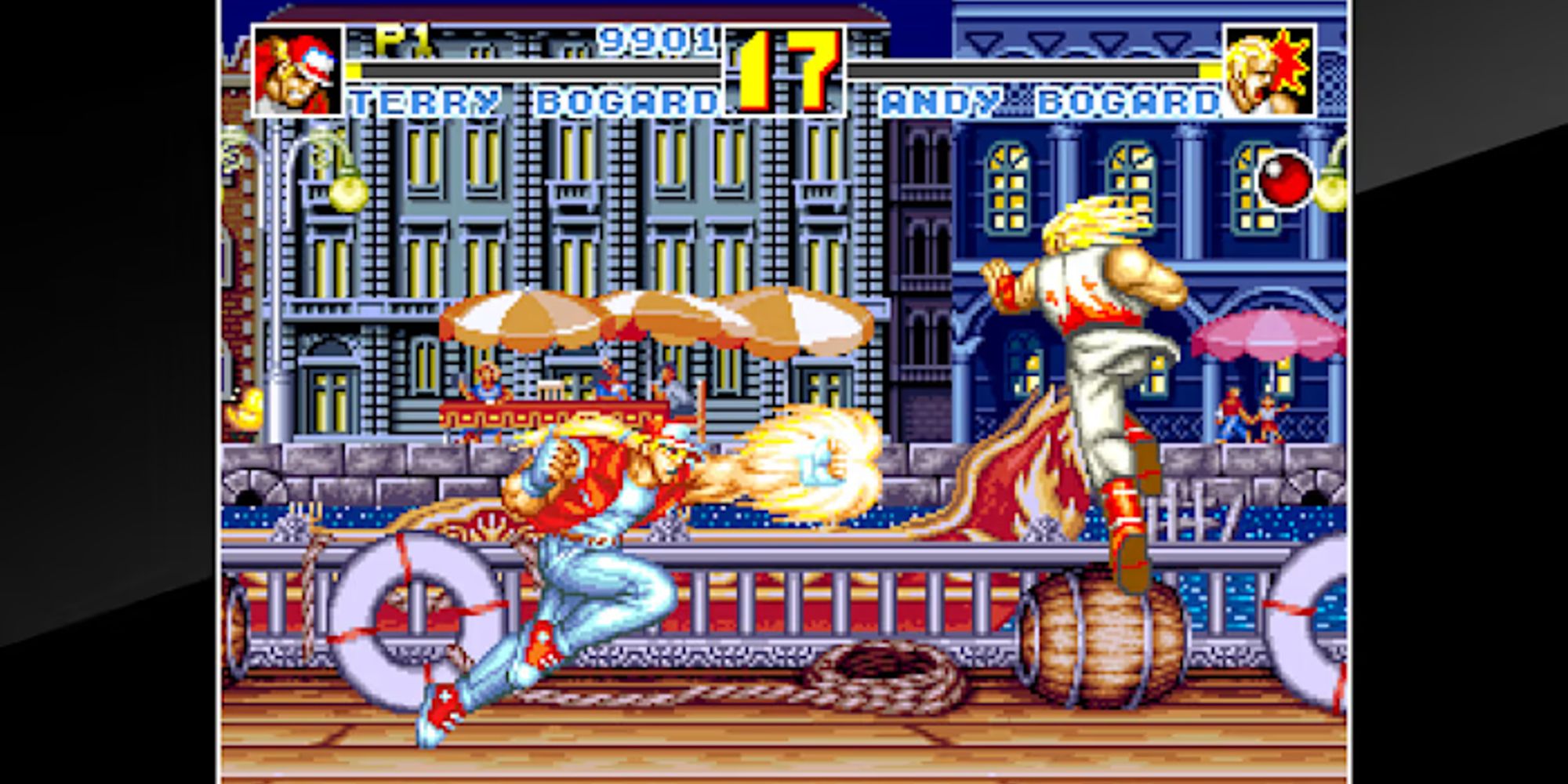 Aca NeoGeo Fatal Fury Special gameplay showing Terry attack Andy. 