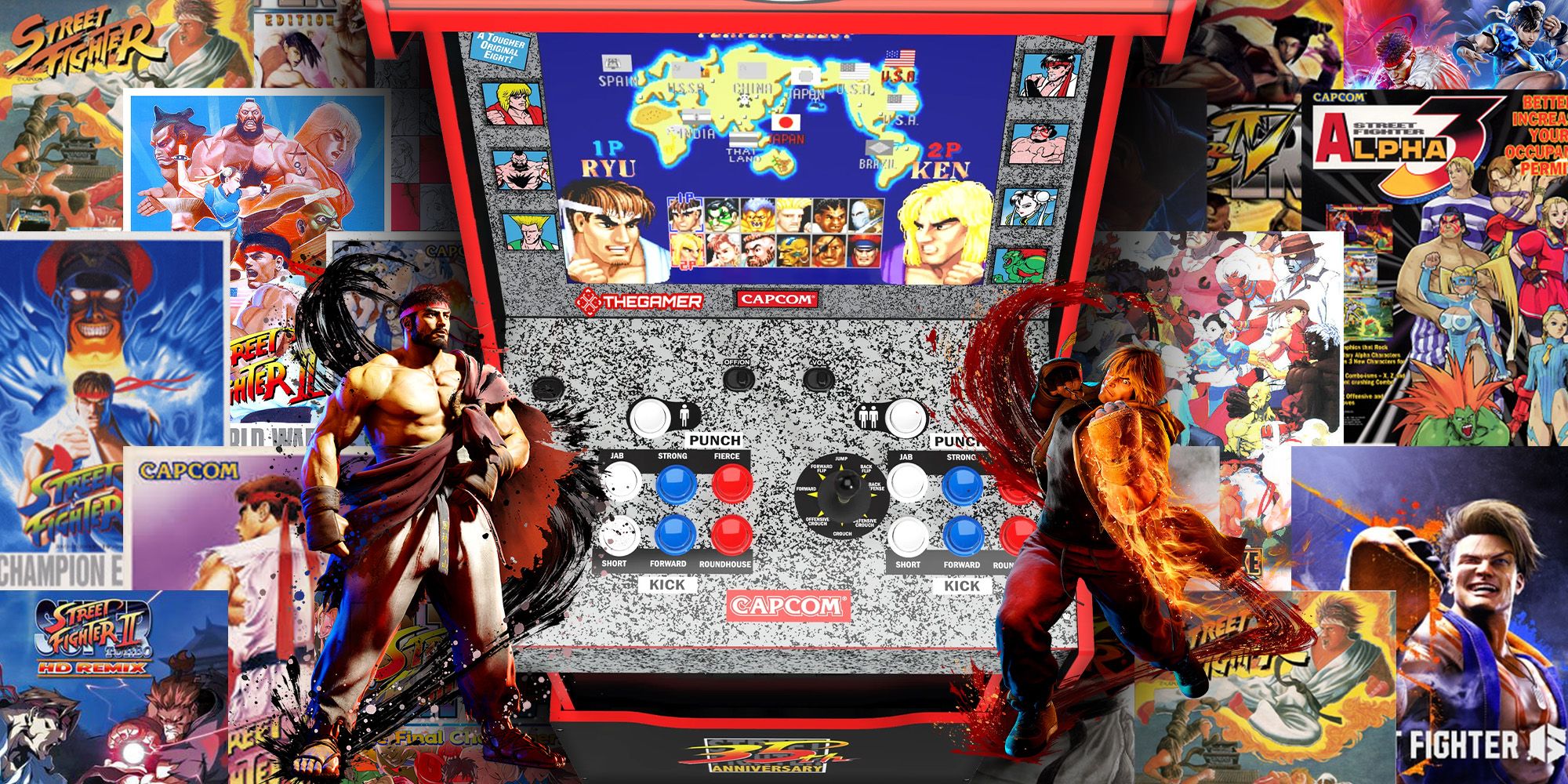 A retro arcade machine shows Ryu and Ken in Street Fighter 2 Champion Edition. Standing on each side of the machine are Ryu and Ken as they appear in Street Fighter 6. Posters from throughout the Street Fighter series flood the image background.