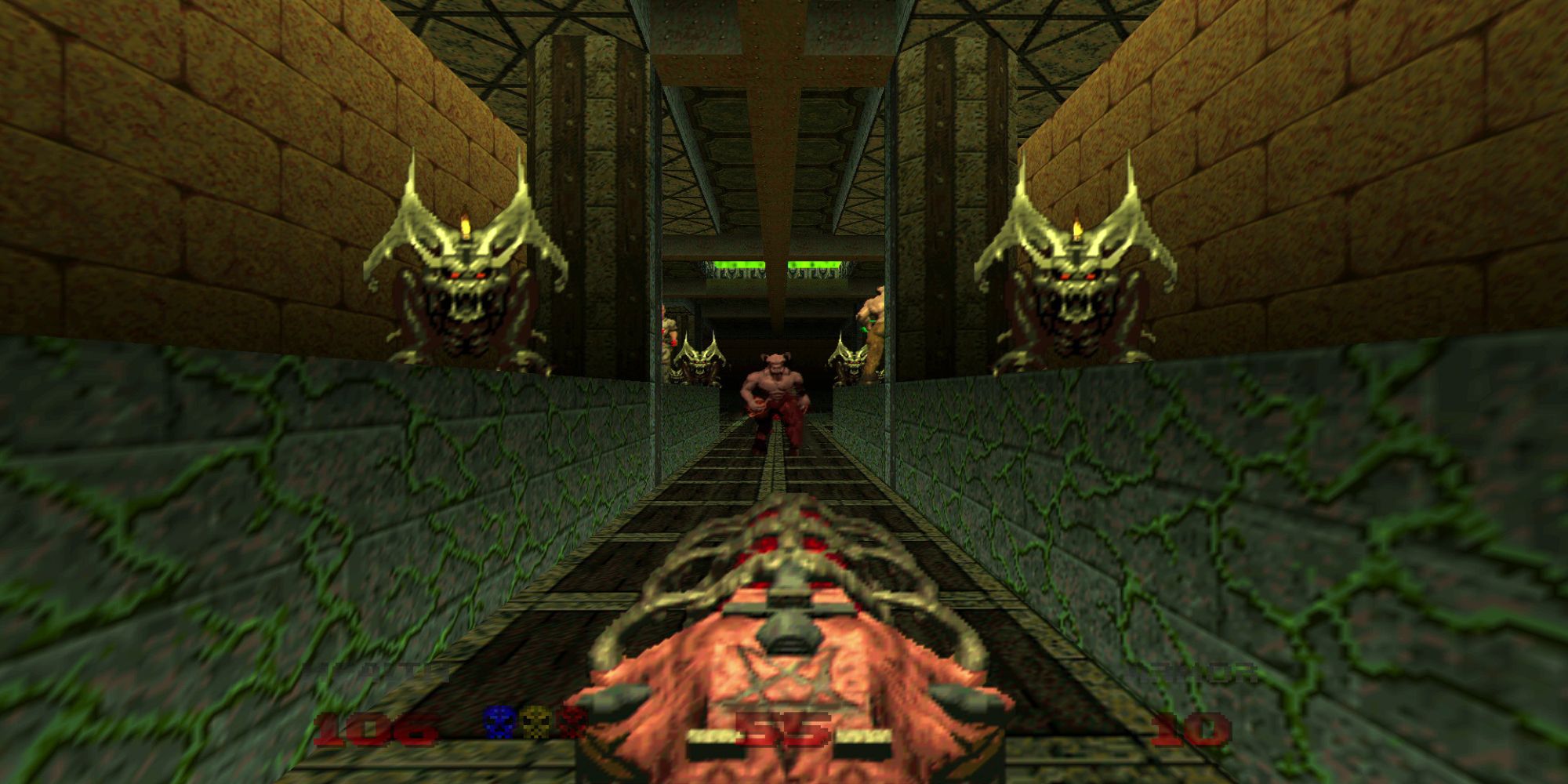 A player Fighting Demons In Doom 64.