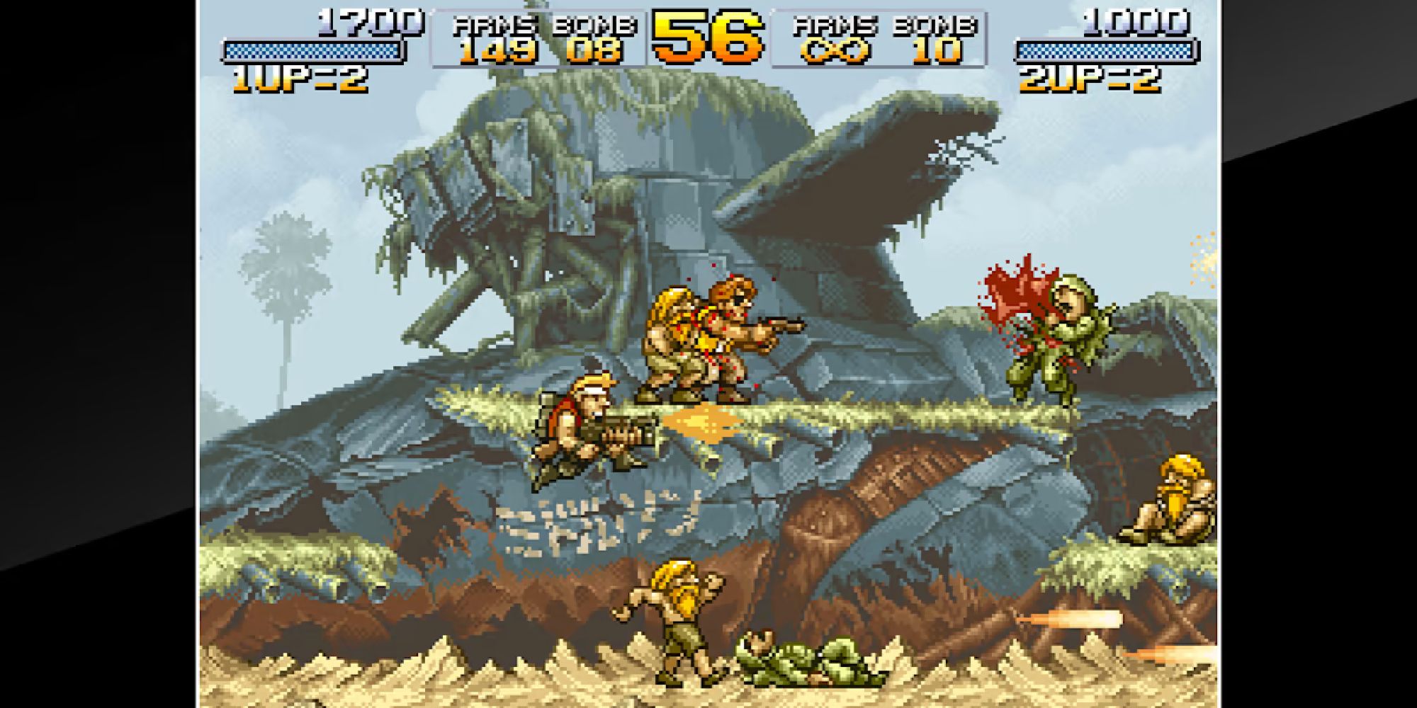 Aca NeoGeo Metal Slug gameplay showing a player shoot enemies. 