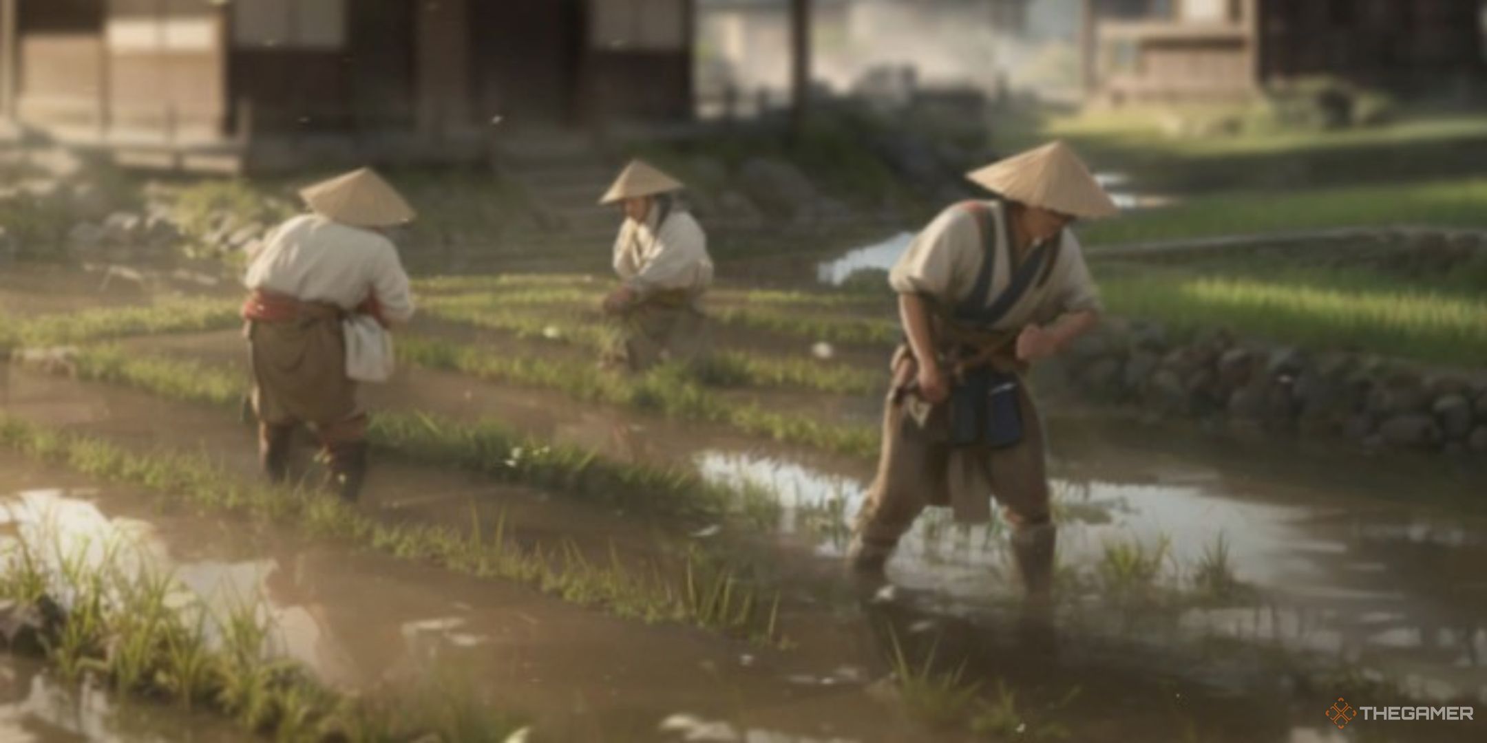 three peasant farmers working a field on the title screen on sengoku dynasty.