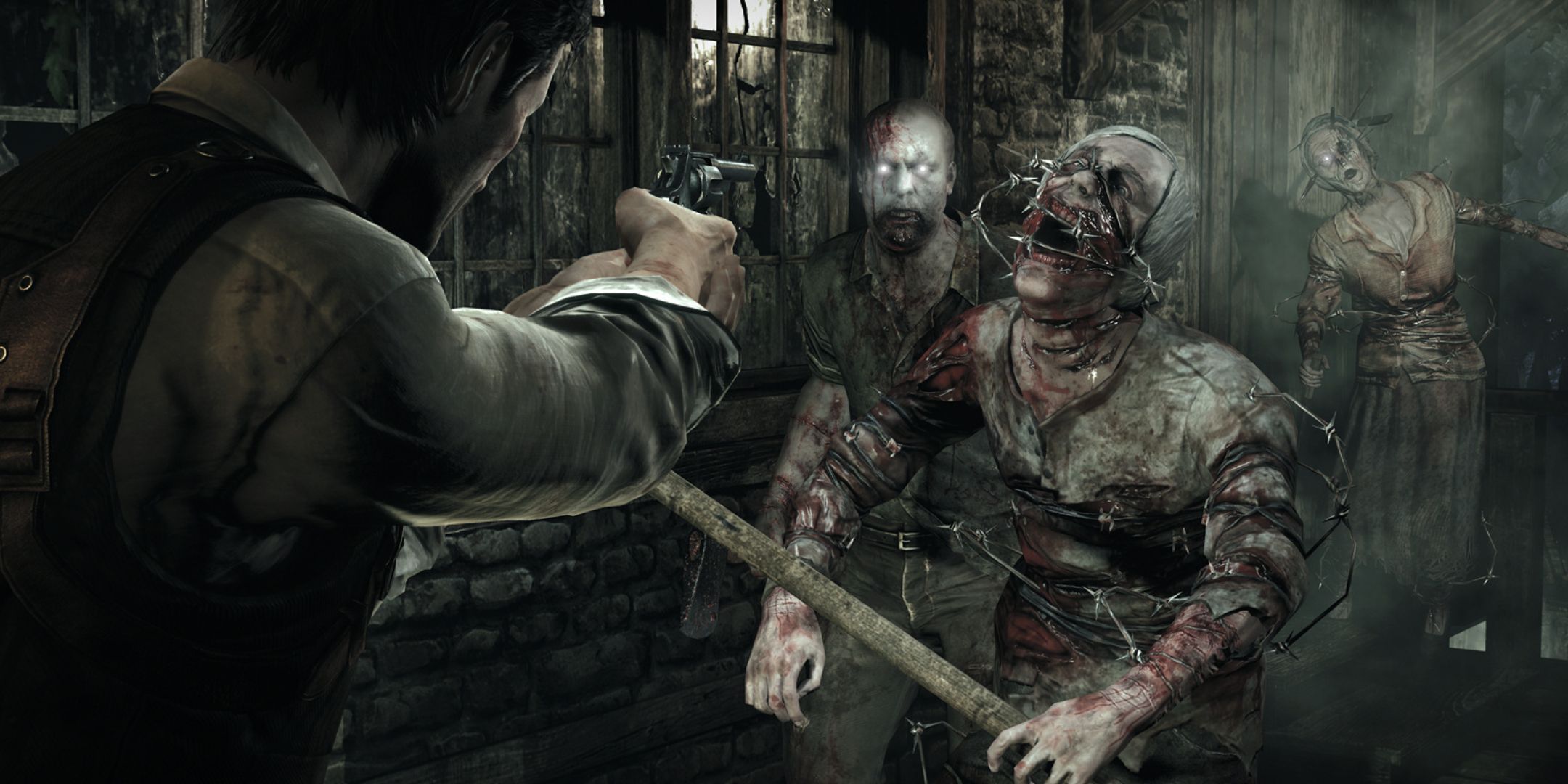 The Evil Within screenshot of Sebastian Castellanos aiming at haunted monsters.