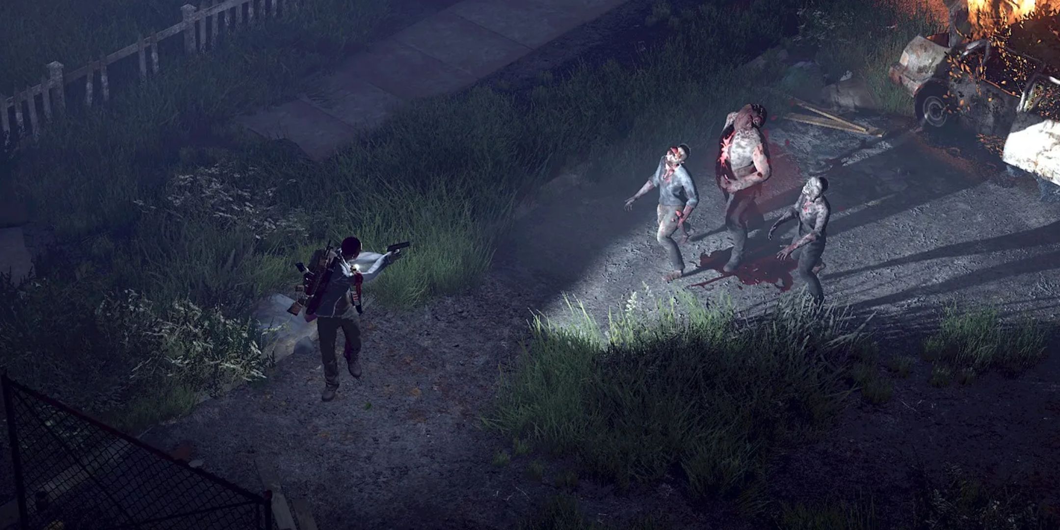 The Last Stand Aftermath screenshot of character aiming at zombies.