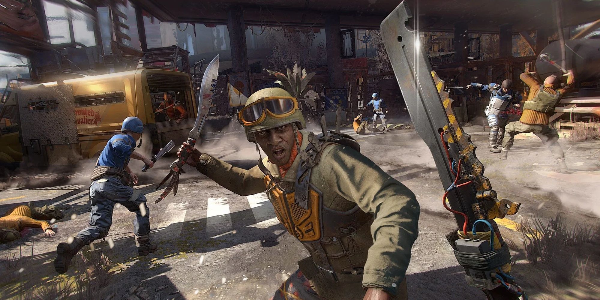 Dying Light 2 screenshot of raiders in body armor assaulting the protagonist in promo art.