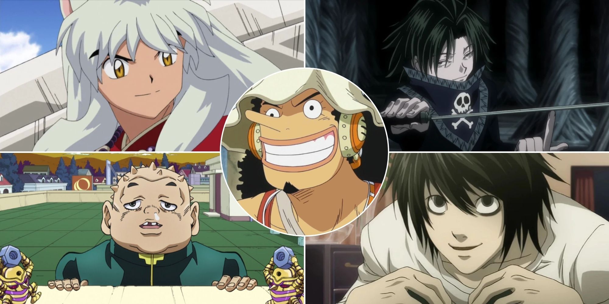 A collage of characters who are voiced Usopp's voice actor, Kappei Yamaguchi: Inuyasha from Inuyasha, Feitan from Hunter x Hunter, Shigechi from Jojo's Bizarre Adventure, L from Death Note and Usopp himself.